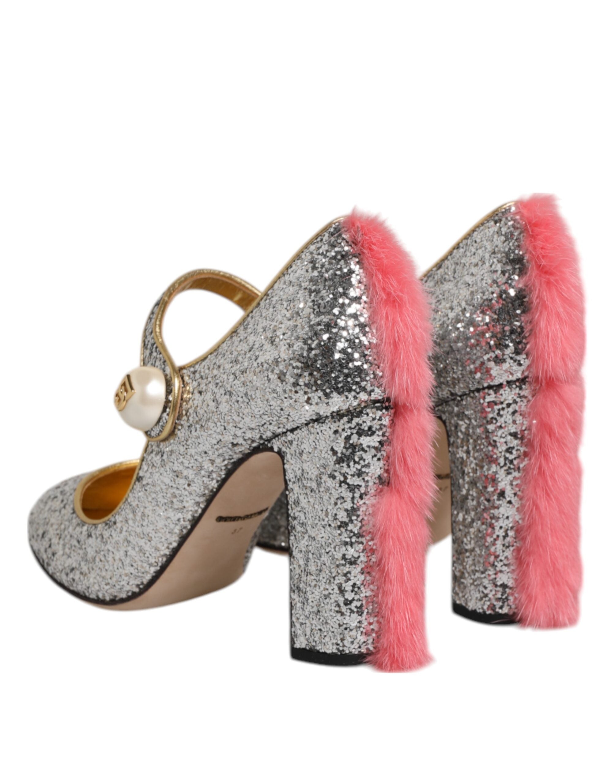 Chaussures à talons Dolce & Gabbana VALLY en fourrure de mink argentée et paillettes, élégantes et sophistiquées.