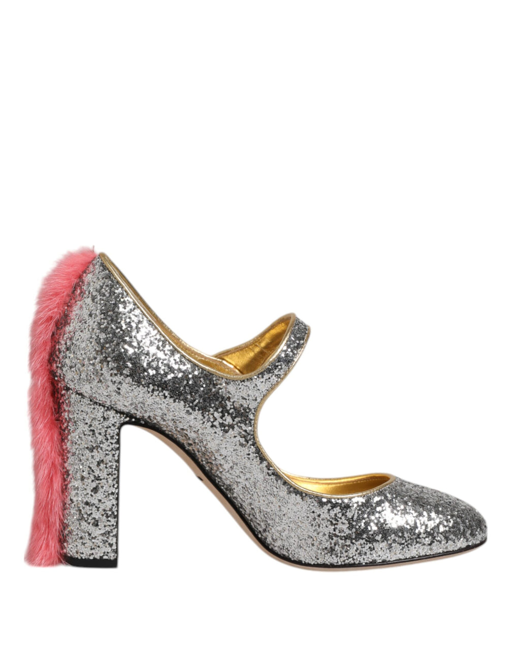 Chaussures à talons Dolce & Gabbana VALLY en fourrure de vison argentée et paillettes, style élégant et sophistiqué.