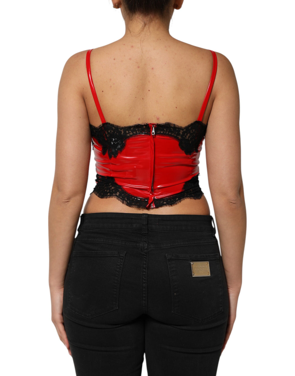 Débardeur sans manches Dolce & Gabbana en polyester rouge et noir avec bordure en dentelle, style élégant et sophistiqué.