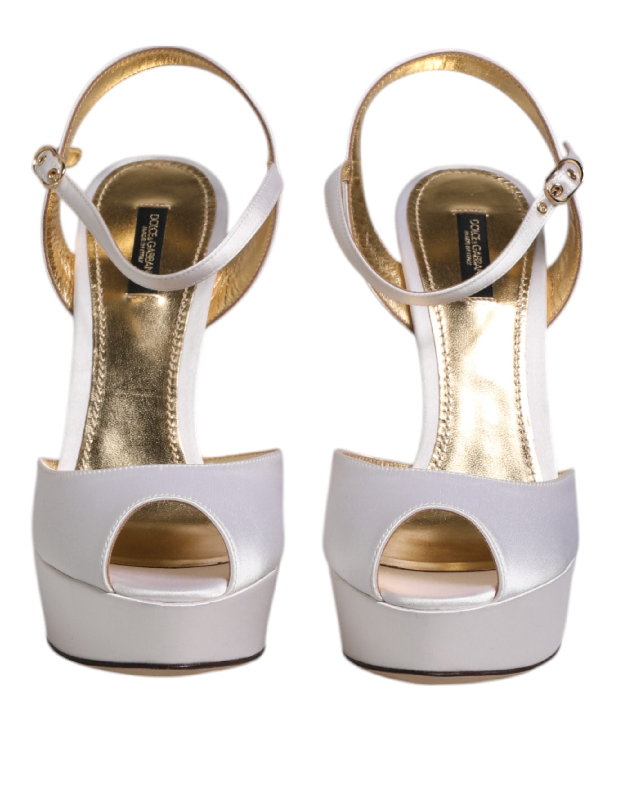 Sandales à talons en satin blanc Dolce & Gabbana, chaussures à plateforme élégantes et sophistiquées pour femmes.
