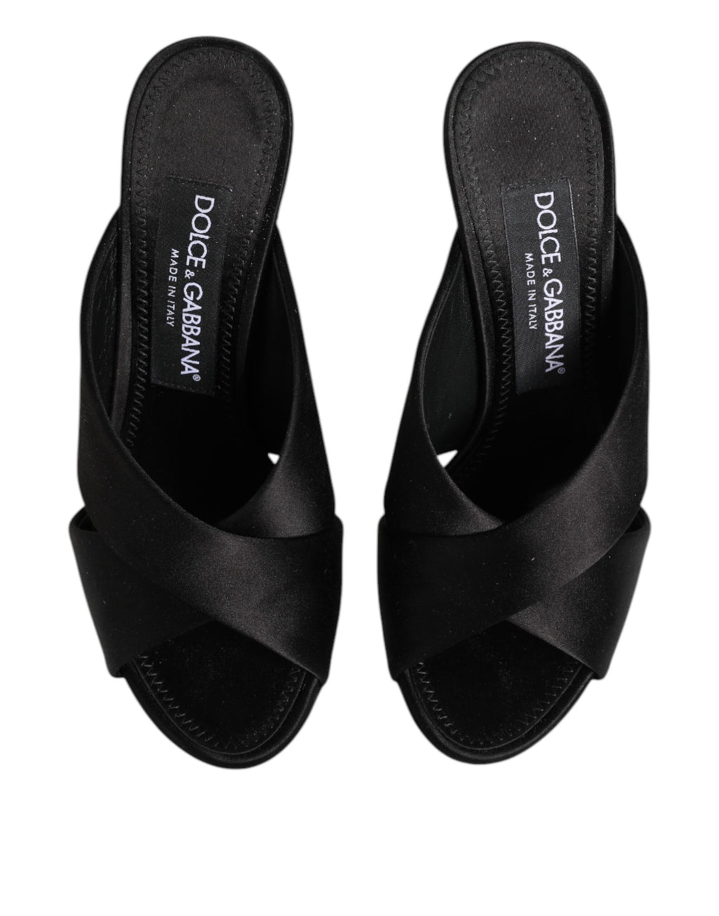 Sandales Dolce & Gabbana KEIRA en satin noir avec logo, chaussure élégante à semelle plate pour femmes.