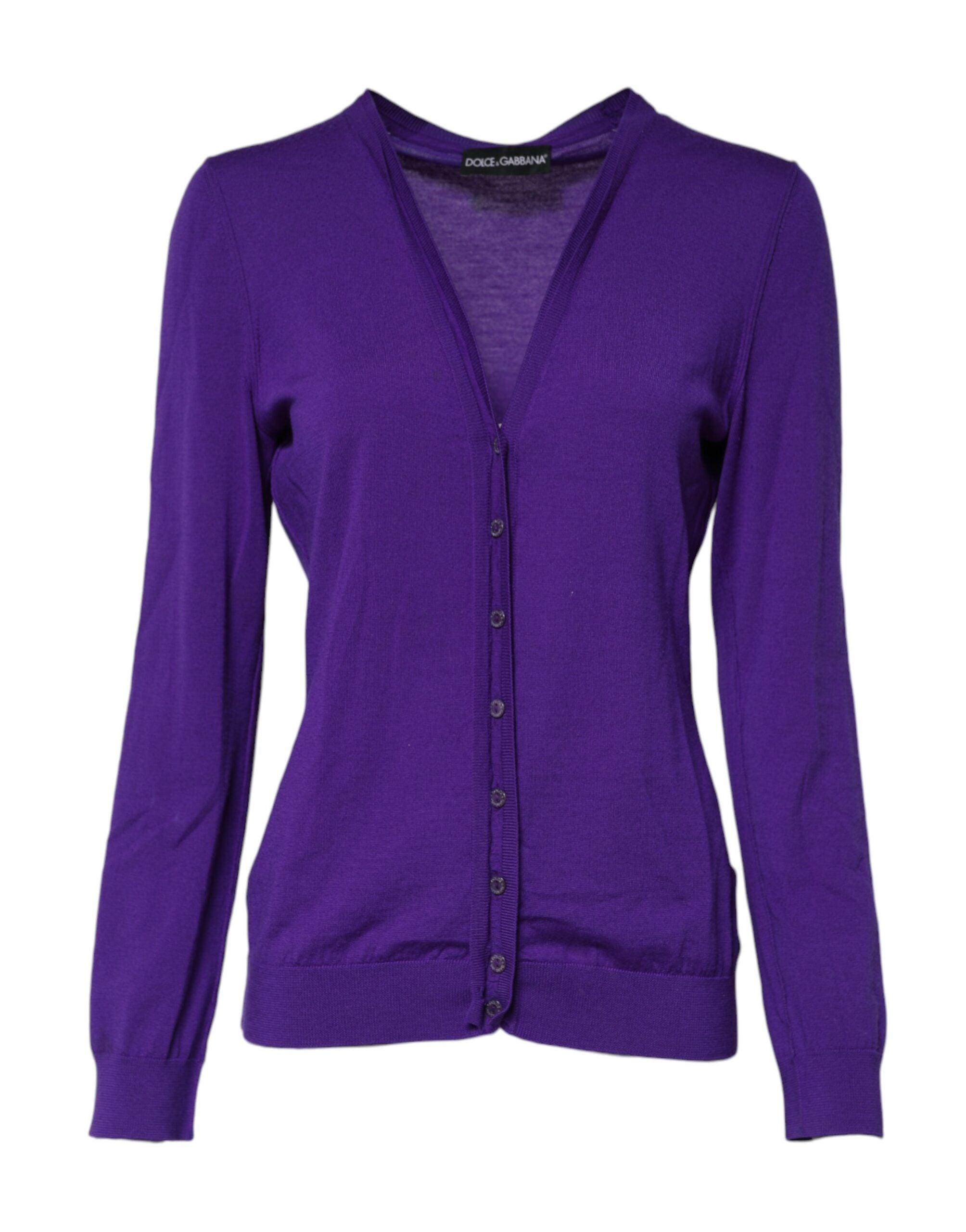 Pull en laine violet Dolce & Gabbana à col en V, cardigan chaud et élégant, parfait pour un style sophistiqué.