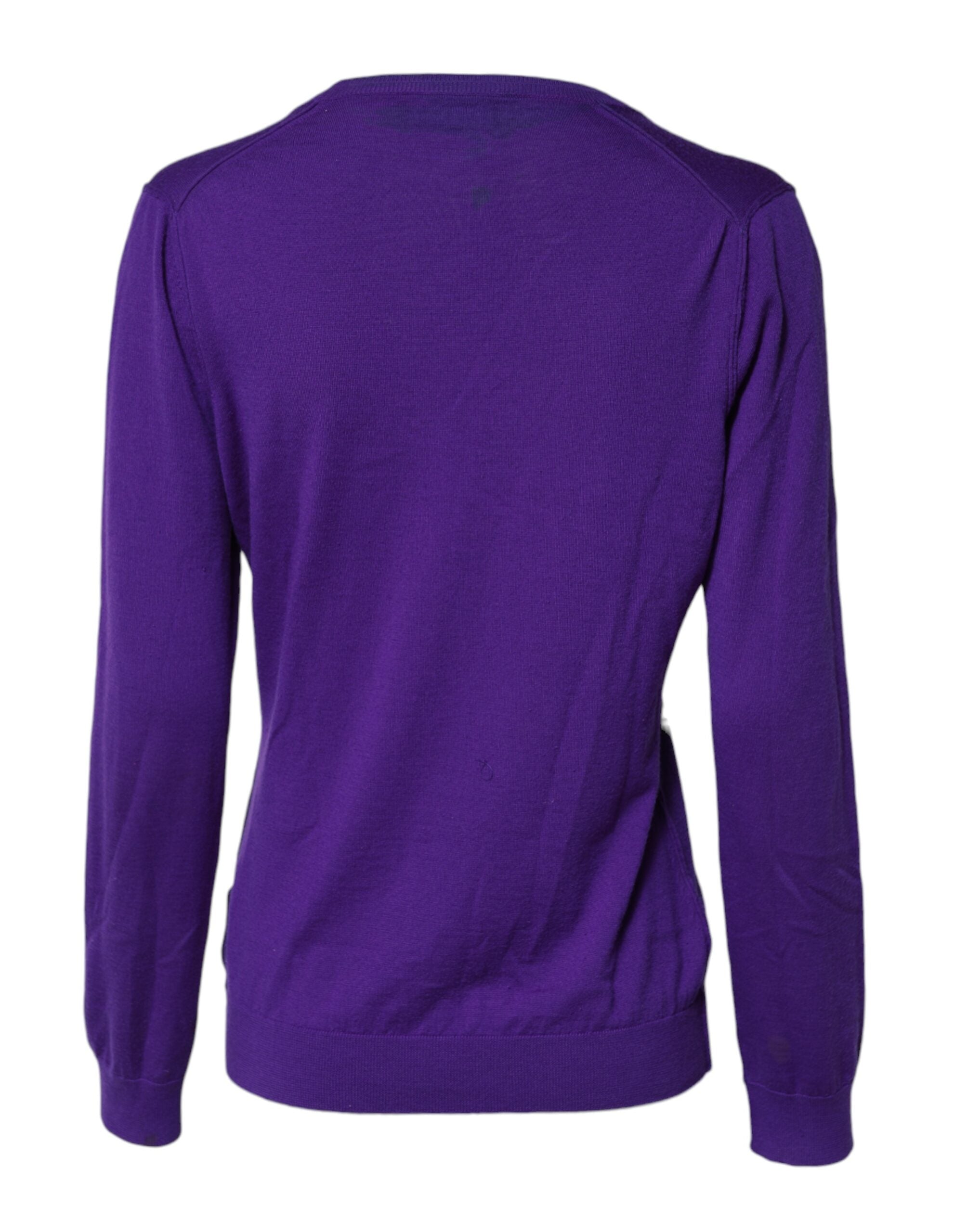 Pull en laine violette Dolce & Gabbana avec col en V, cardigan chaud et élégant, parfait pour un style sophistiqué.