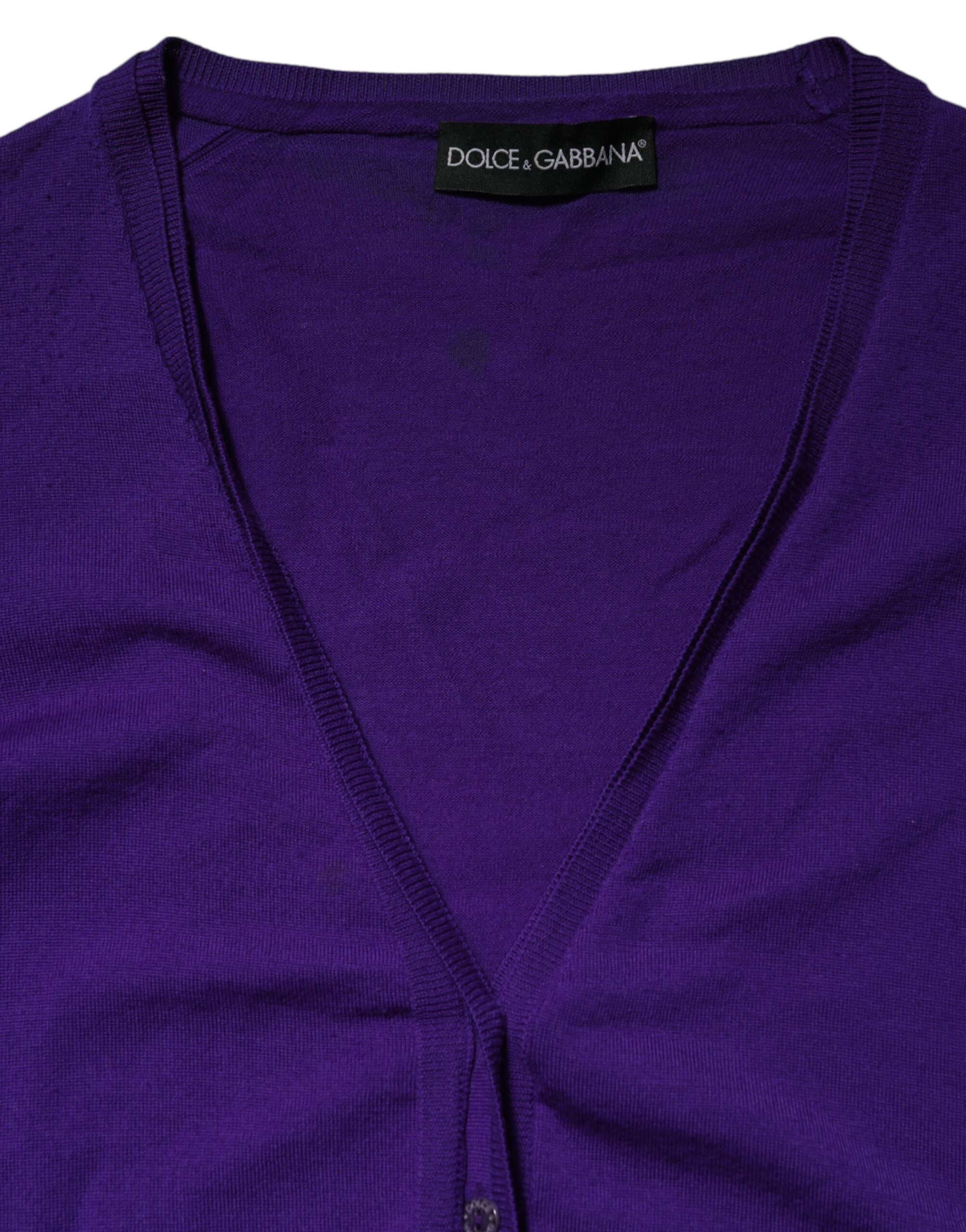 Pull en laine violette Dolce & Gabbana avec col en V, tricoté, parfait pour un style élégant et confortable.