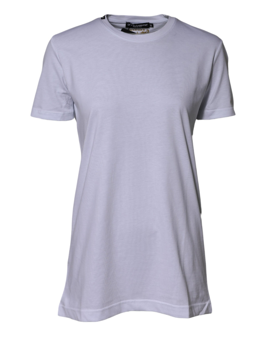 T-shirt blanc en coton Dolce & Gabbana Goodluck 2023 avec col rond, affichant un design de chance et un logo subtil.