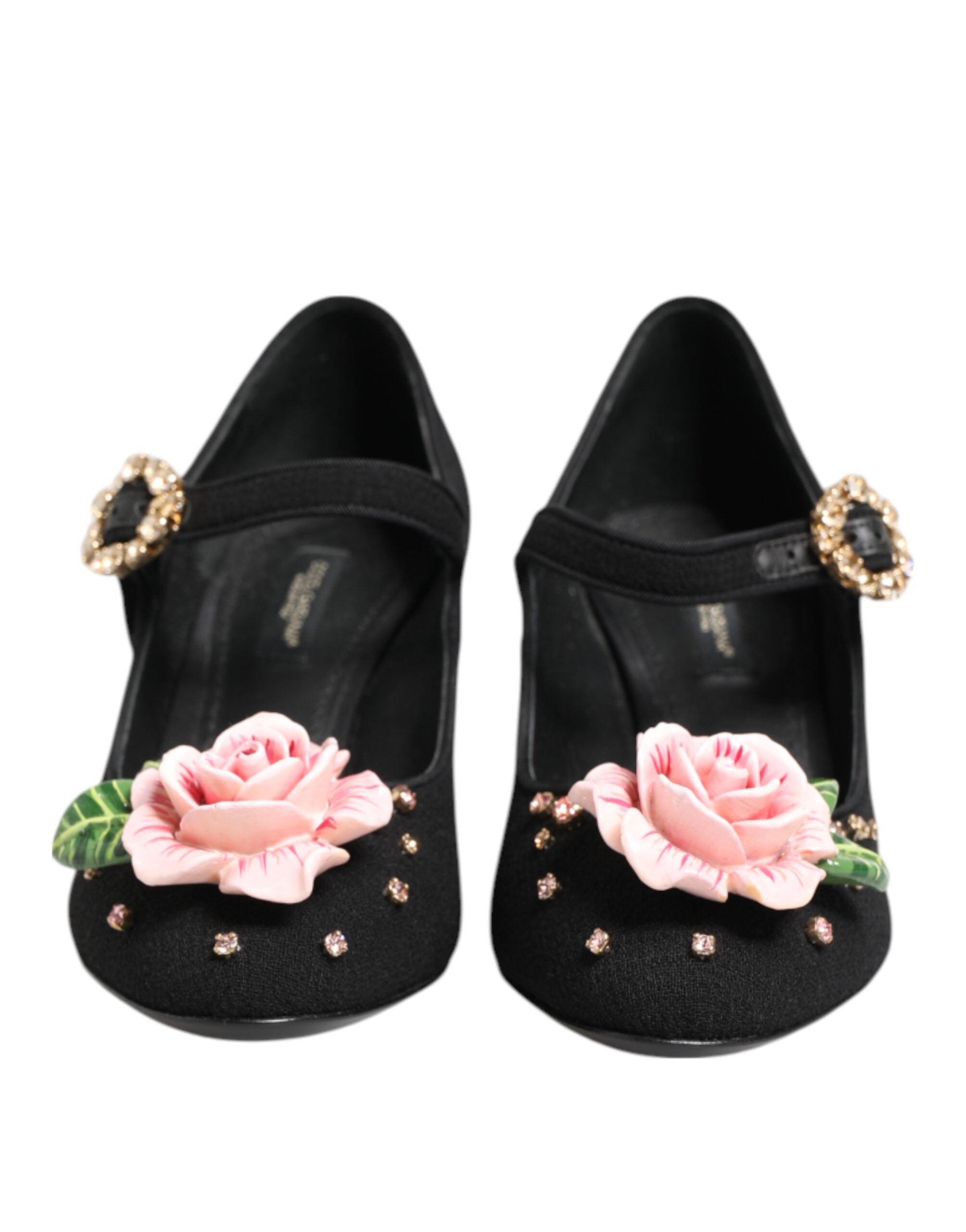 Chaussures Mary Jane noires Dolce & Gabbana ornées de fleurs en cristal et détails élégants, style sophistiqué et féminin.