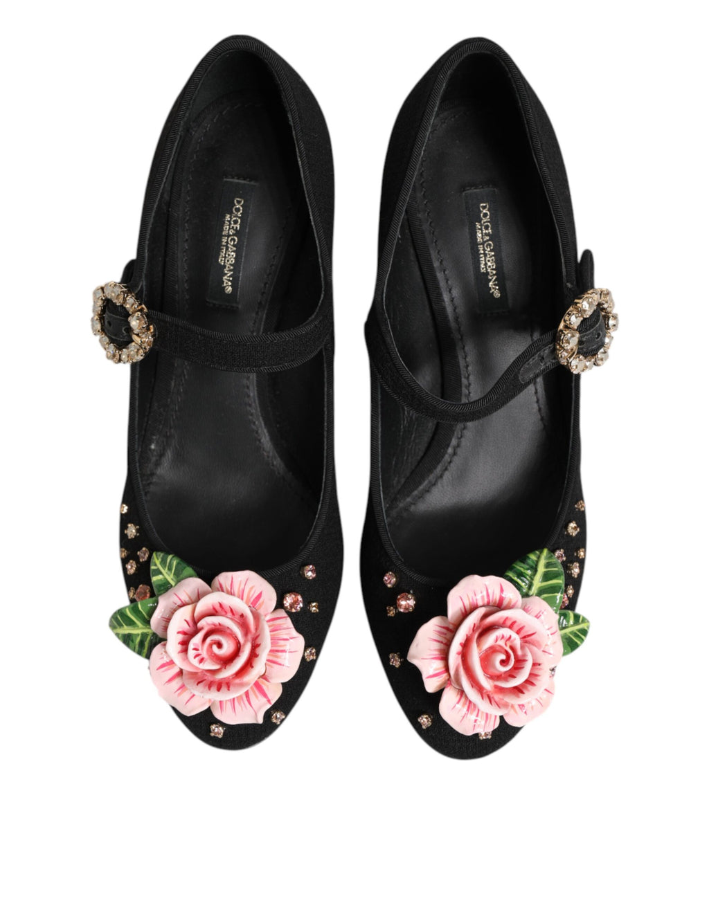 Chaussures Mary Jane noires Dolce & Gabbana avec fleurs en cristaux et détails élégants, en cuir brillant et finition sophistiquée.