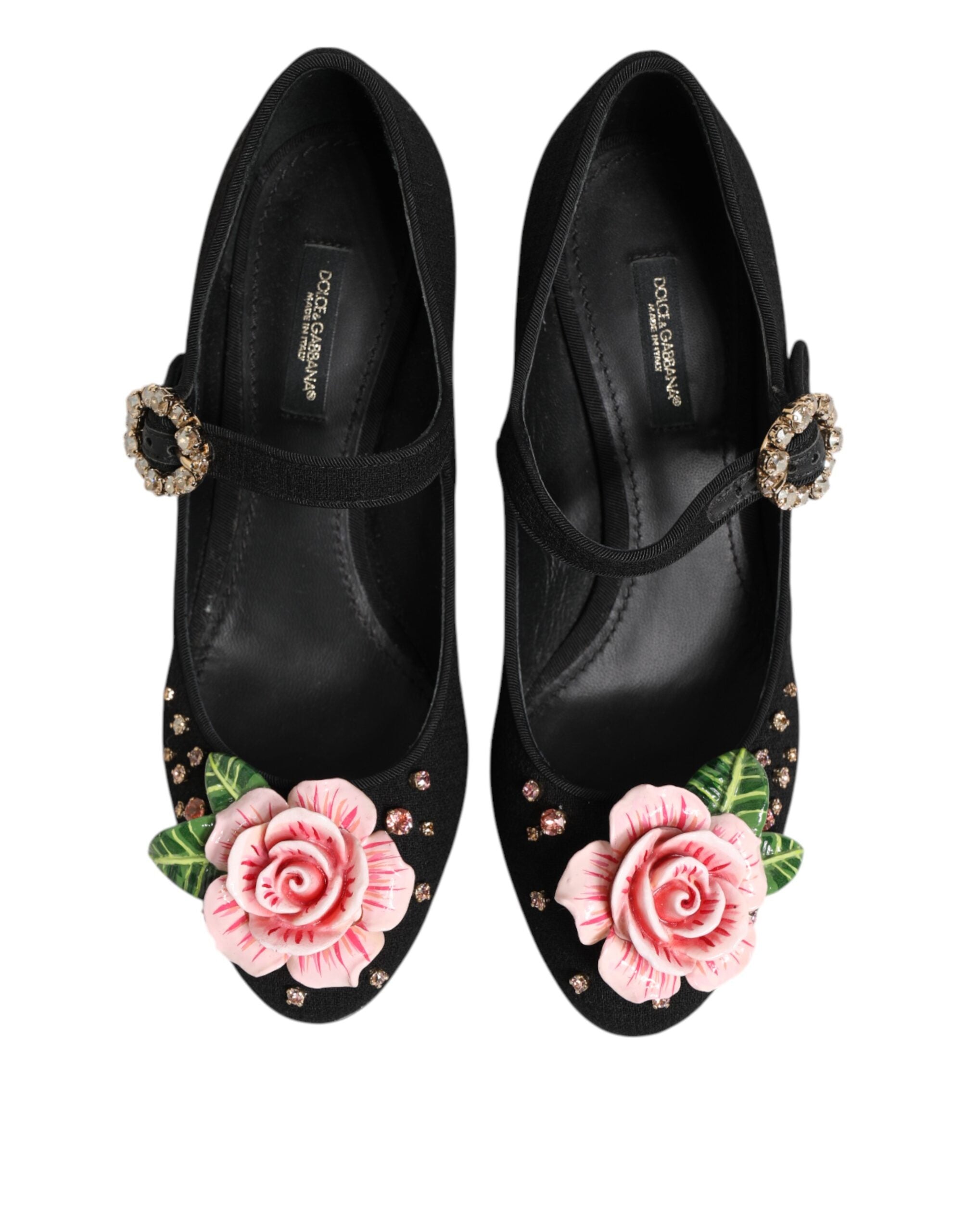 Chaussures Mary Jane noires Dolce & Gabbana avec fleurs en cristaux et détails élégants, en cuir brillant et finition sophistiquée.