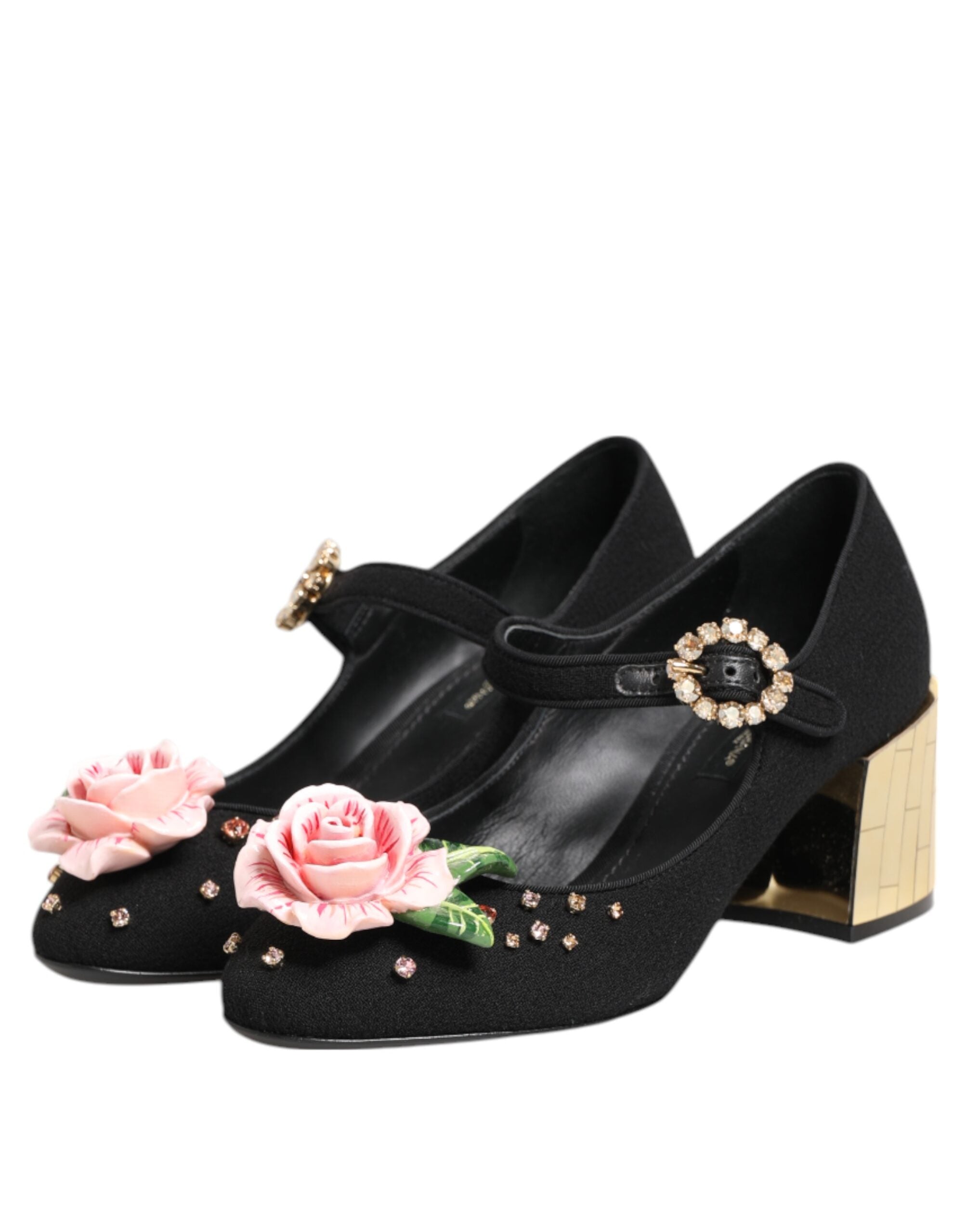 Chaussures Mary Jane noires Dolce & Gabbana ornées de fleurs en cristal et détails sophistiqués.