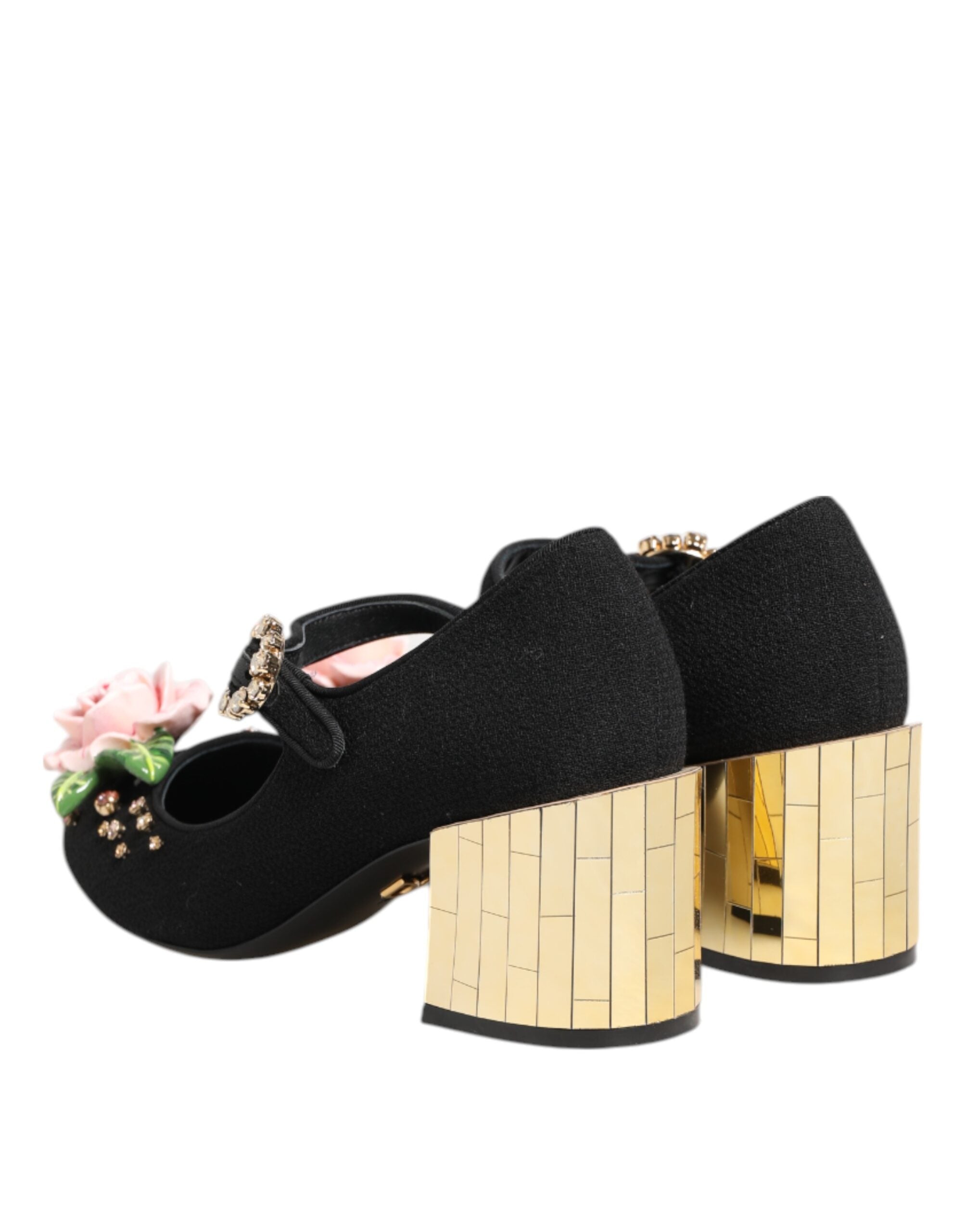 Chaussures Mary Jane noires Dolce & Gabbana avec fleurs en cristal et embellissements élégants.