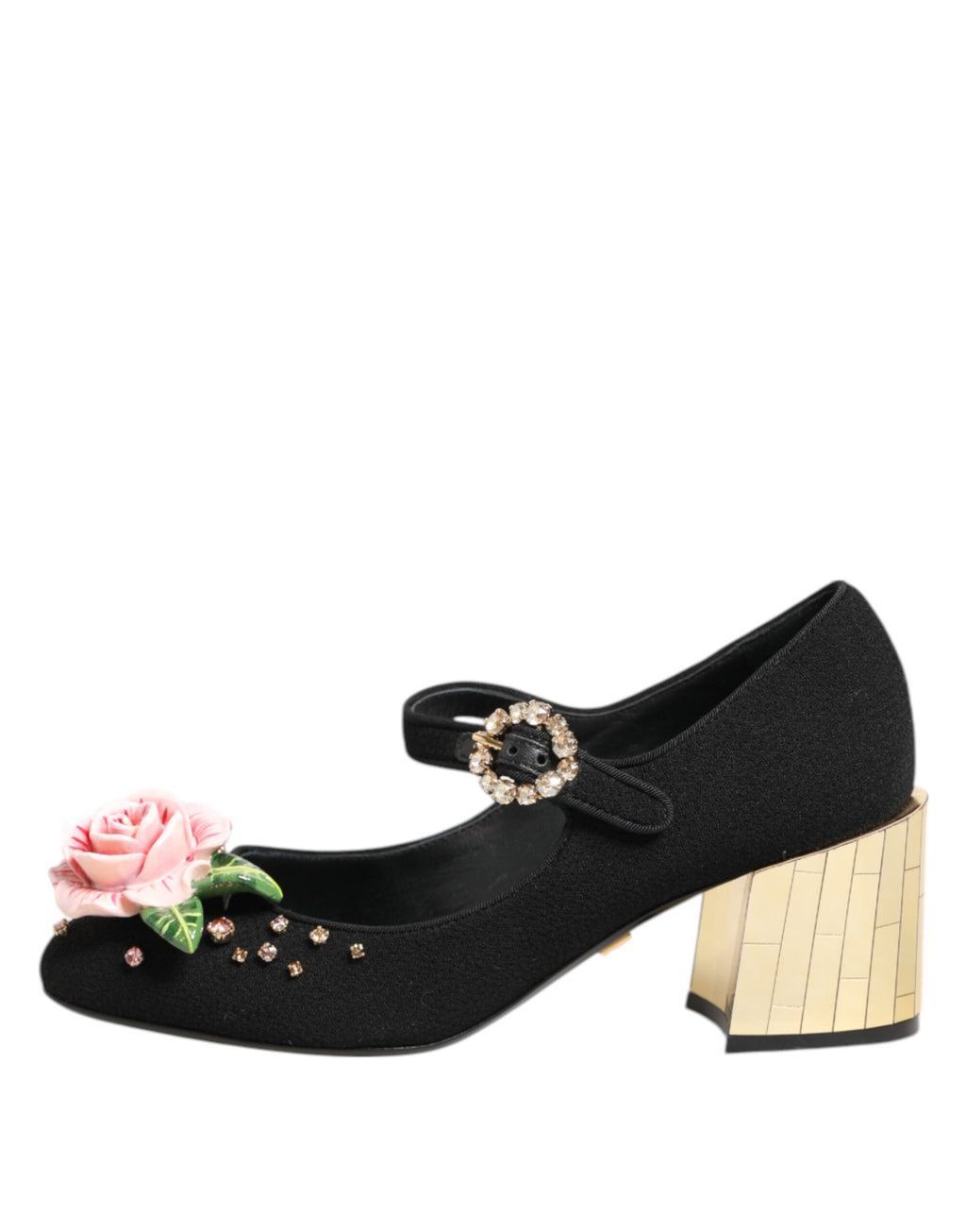 Chaussures Mary Jane Dolce & Gabbana noires ornées de fleurs en cristal et de détails brillants, style élégant et sophistiqué.