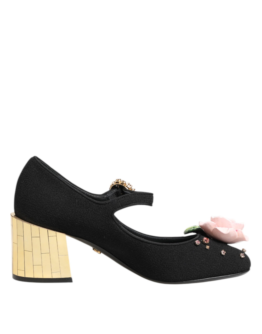 Chaussures Mary Jane noires Dolce & Gabbana ornées de fleurs en cristal et détails élégants.