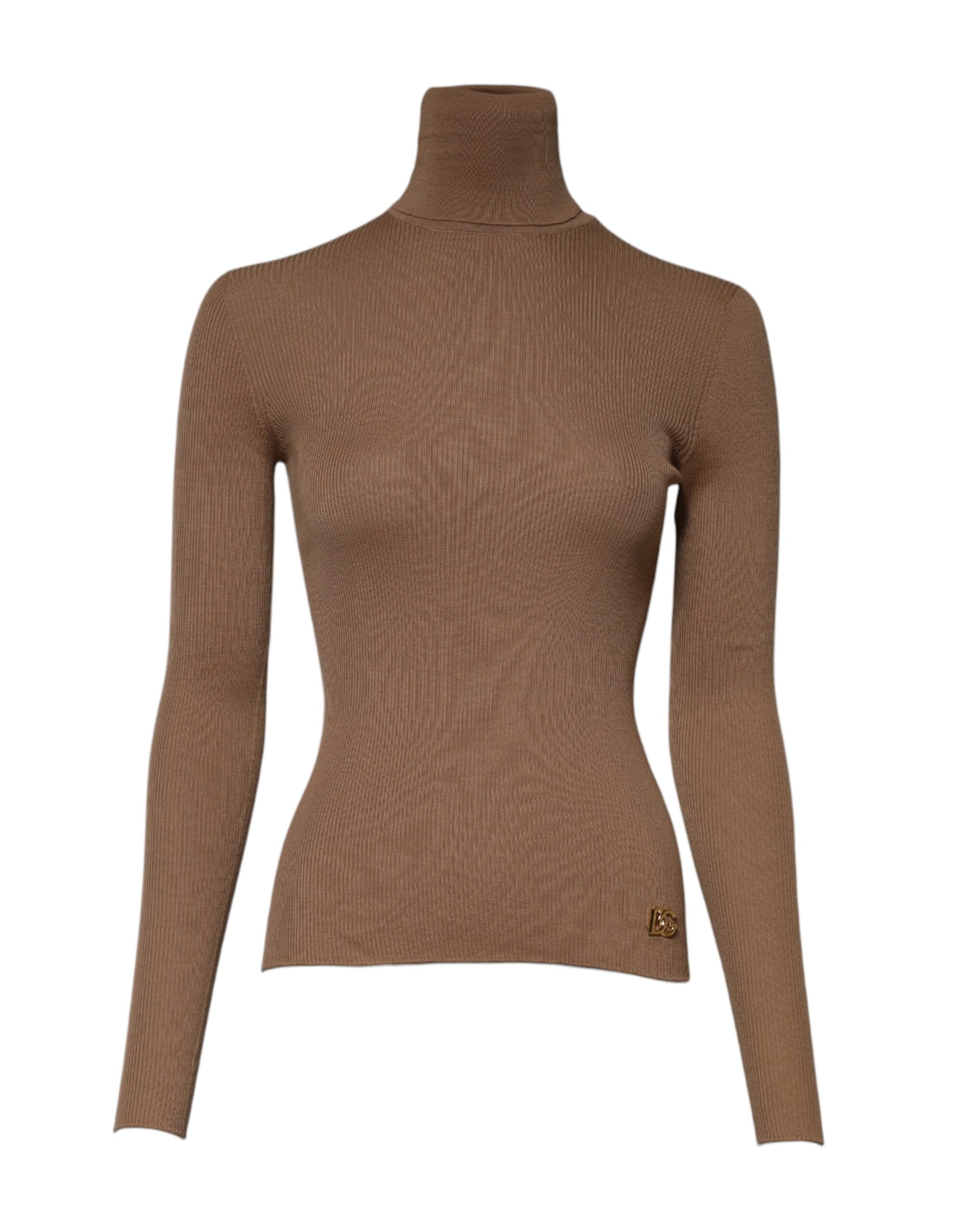Pull en maille marron à manches longues et col roulé de Dolce & Gabbana, vue frontale.