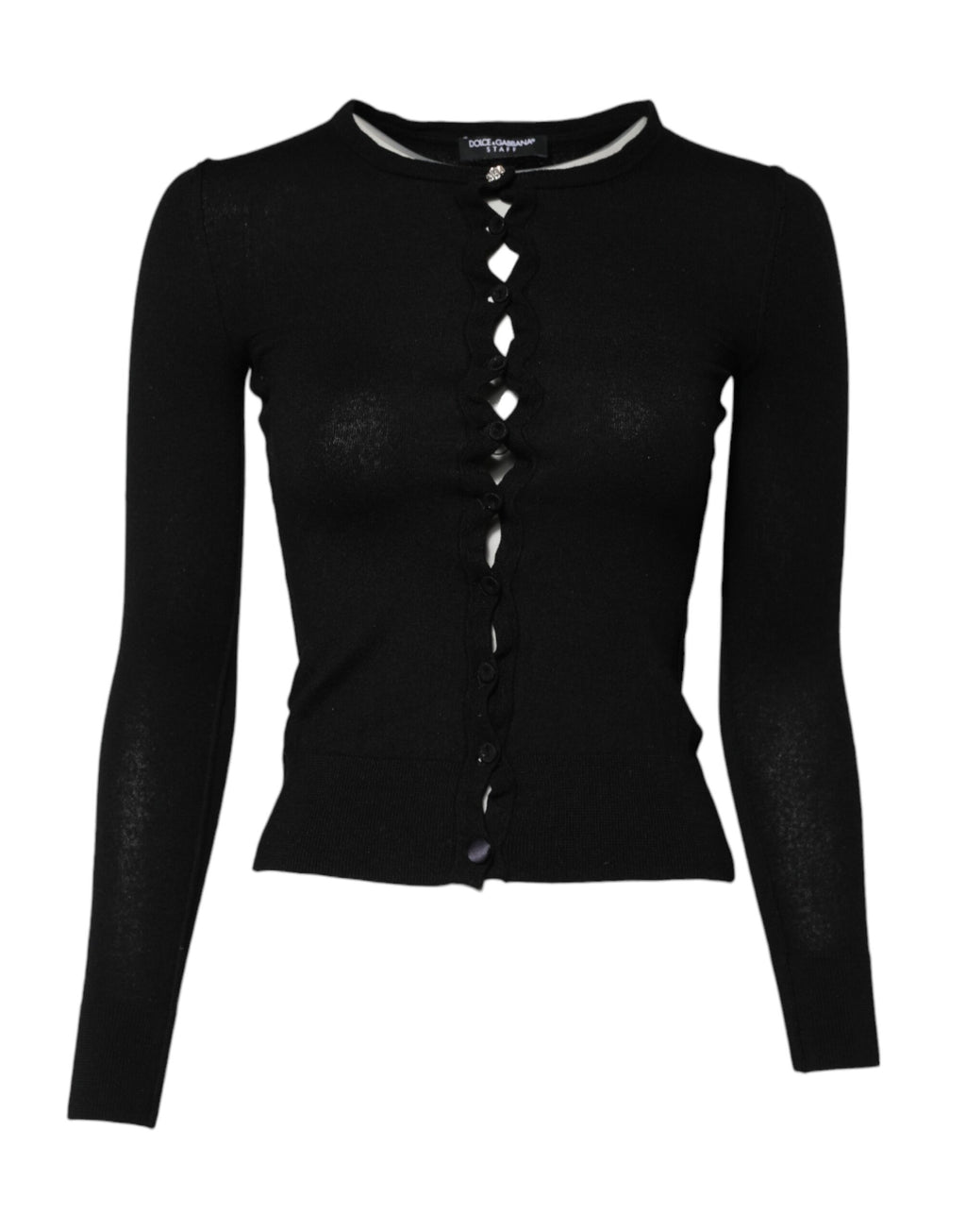 Cardigan noir Dolce & Gabbana à col rond, style classique, en maille douce, porté en image.