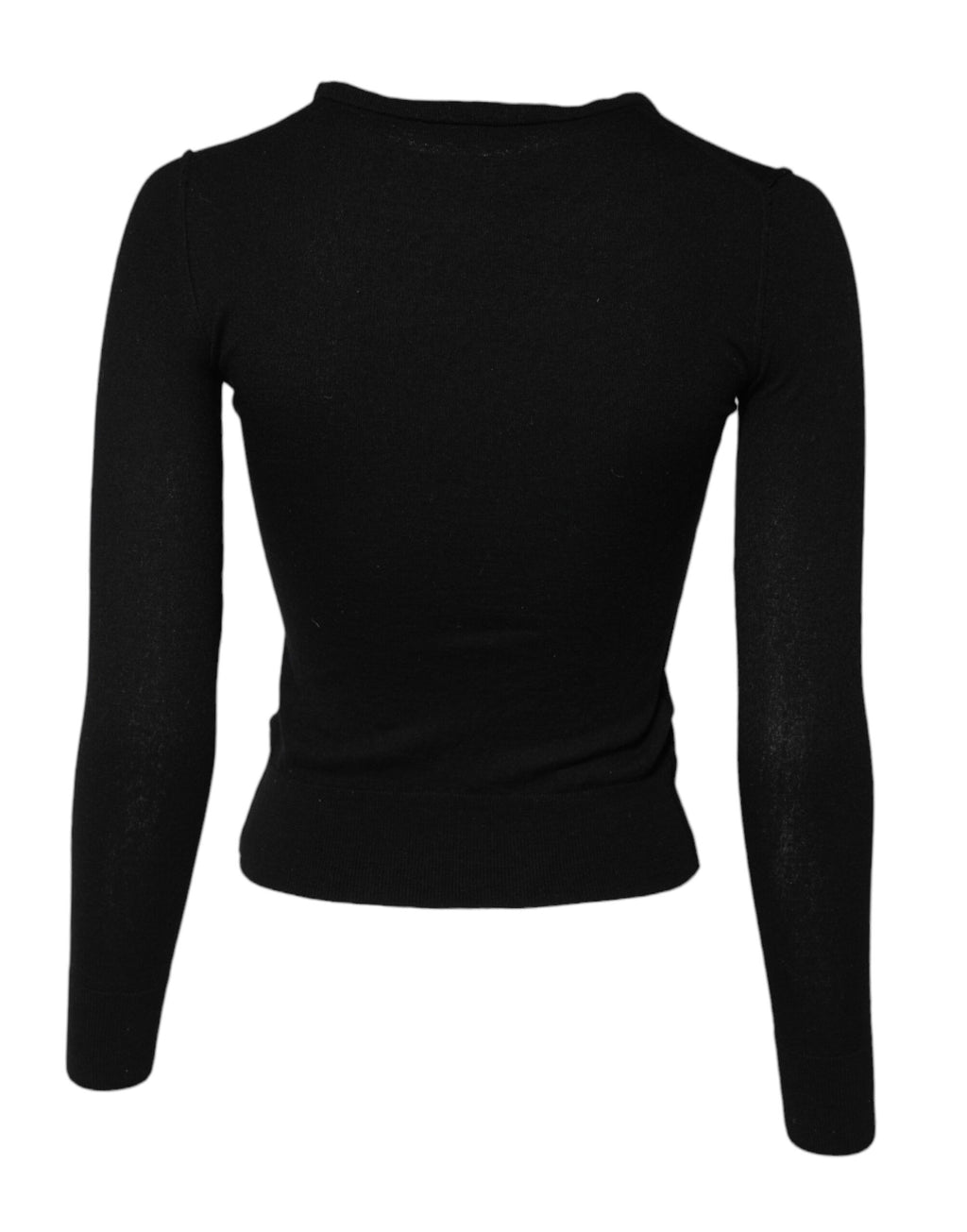 Pull cardigan rond à col rond noir Dolce & Gabbana, en laine douce, porté sur un mannequin, détails visibles.