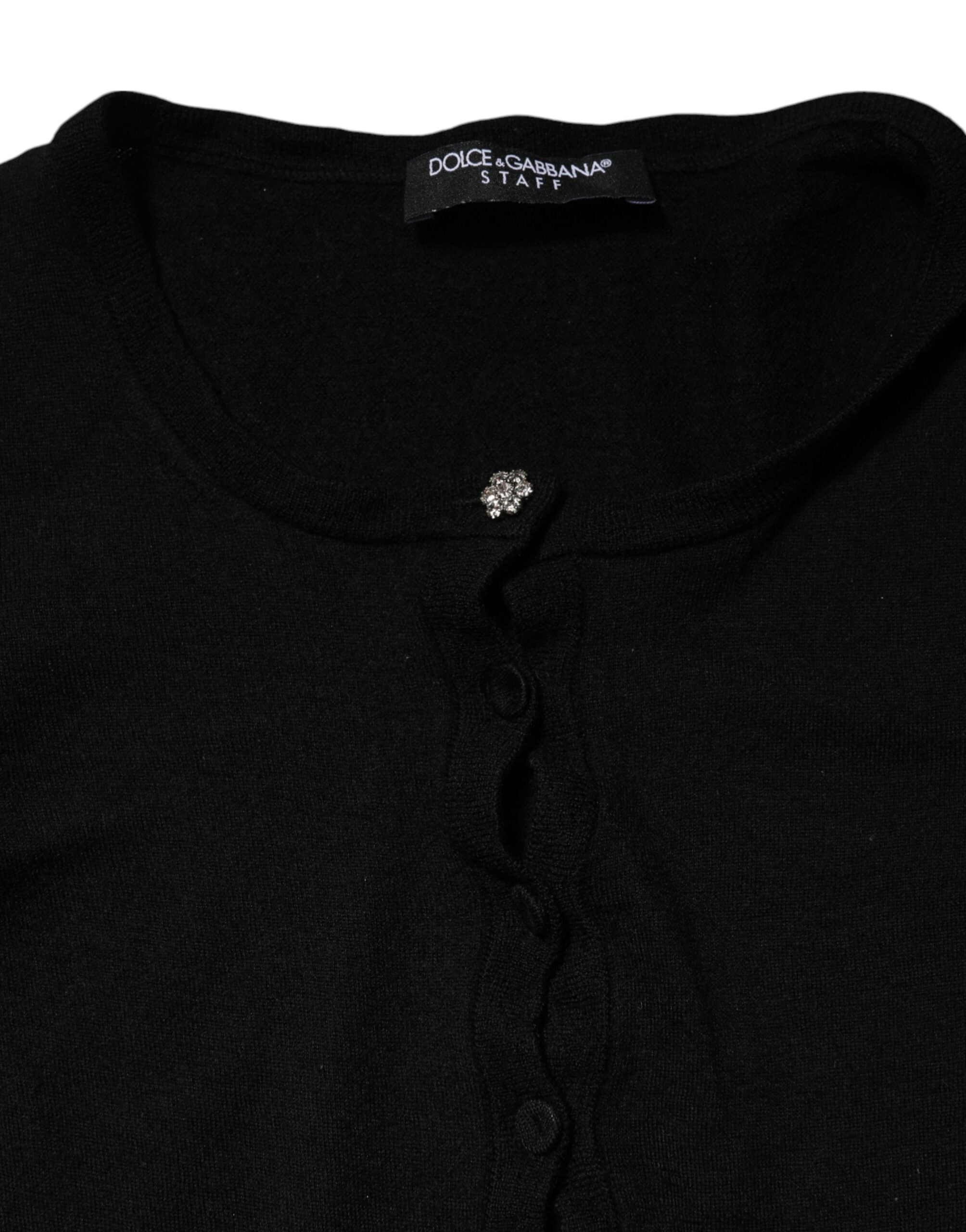 Pull noir Dolce & Gabbana STAFF à col rond, en laine, avec détails élégants visibles sur l’image.