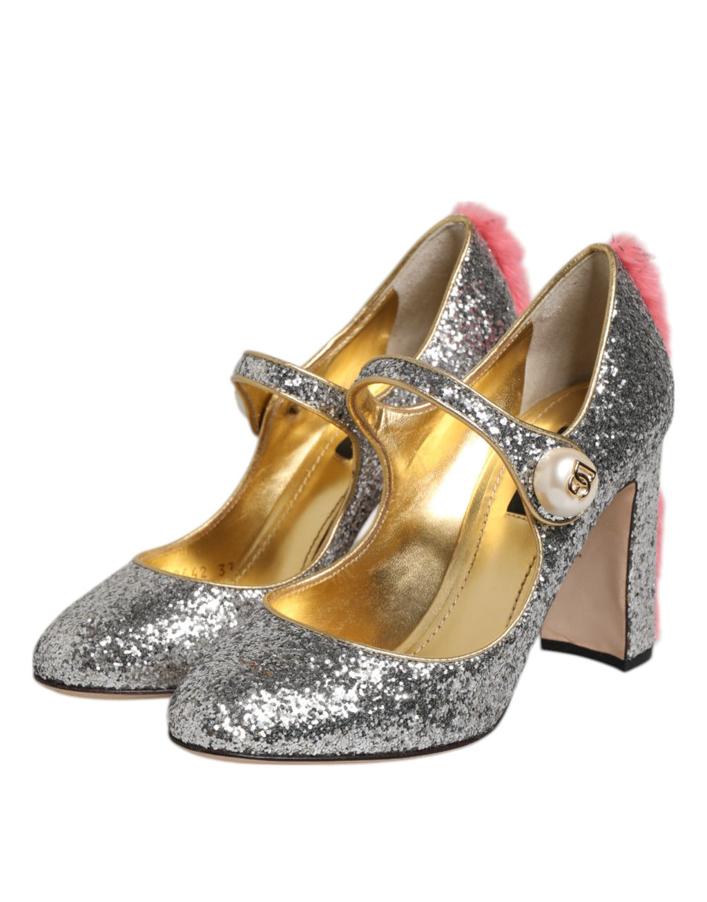 Chaussures à talons Dolce & Gabbana VALLY en fourrure de vison argentée et paillettes, style élégant et glamour.