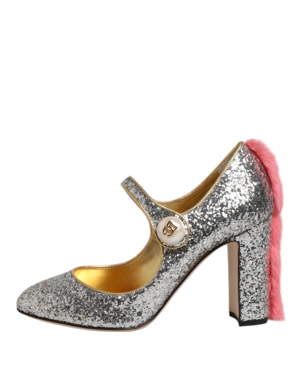 Chaussures à talons Dolce & Gabbana VALLY en fourrure de mink argentée et paillettes, style élégant et brillant.