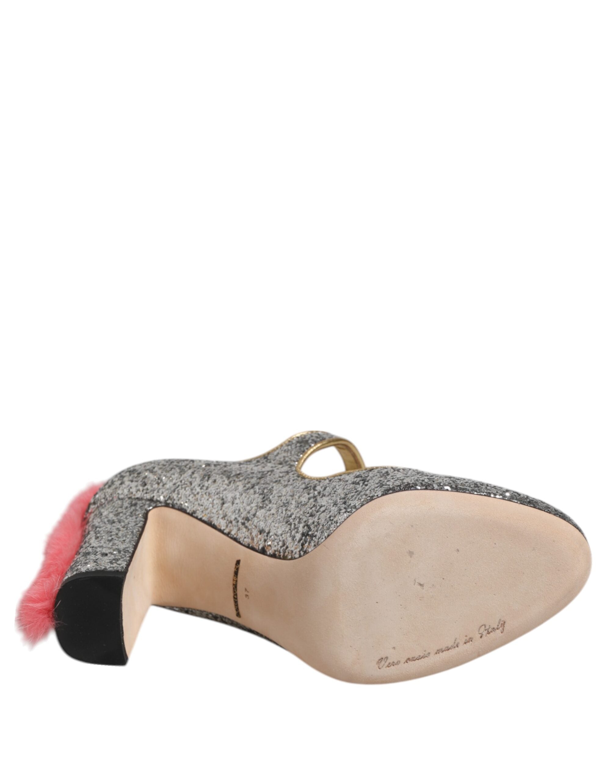 Chaussures talon Dolce & Gabbana VALLY en fourrure de mink argentée et paillettes, élégantes et sophistiquées.