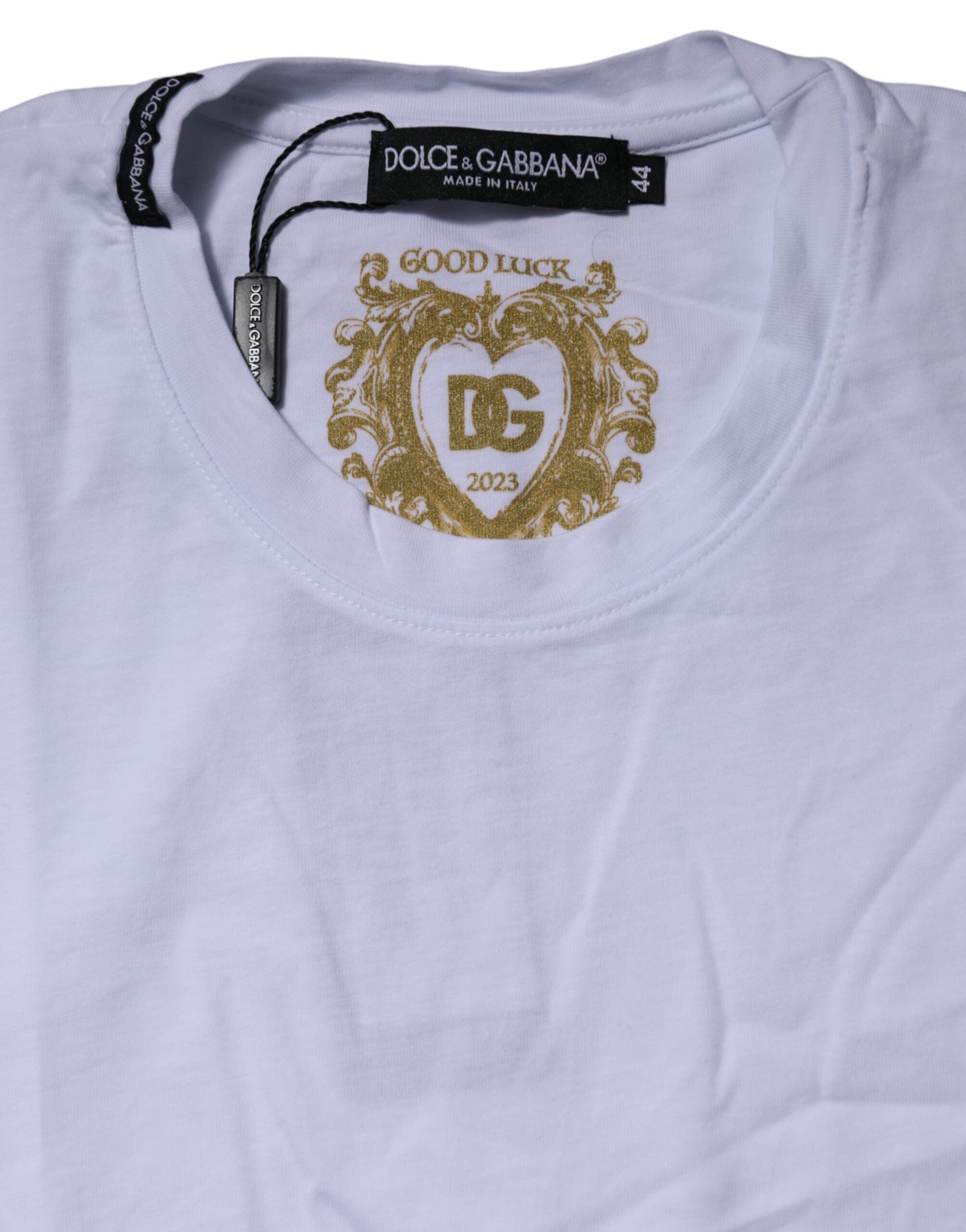 T-shirt à manches courtes blanche Dolce & Gabbana avec col rond, vue de face, en coton léger et élégant.