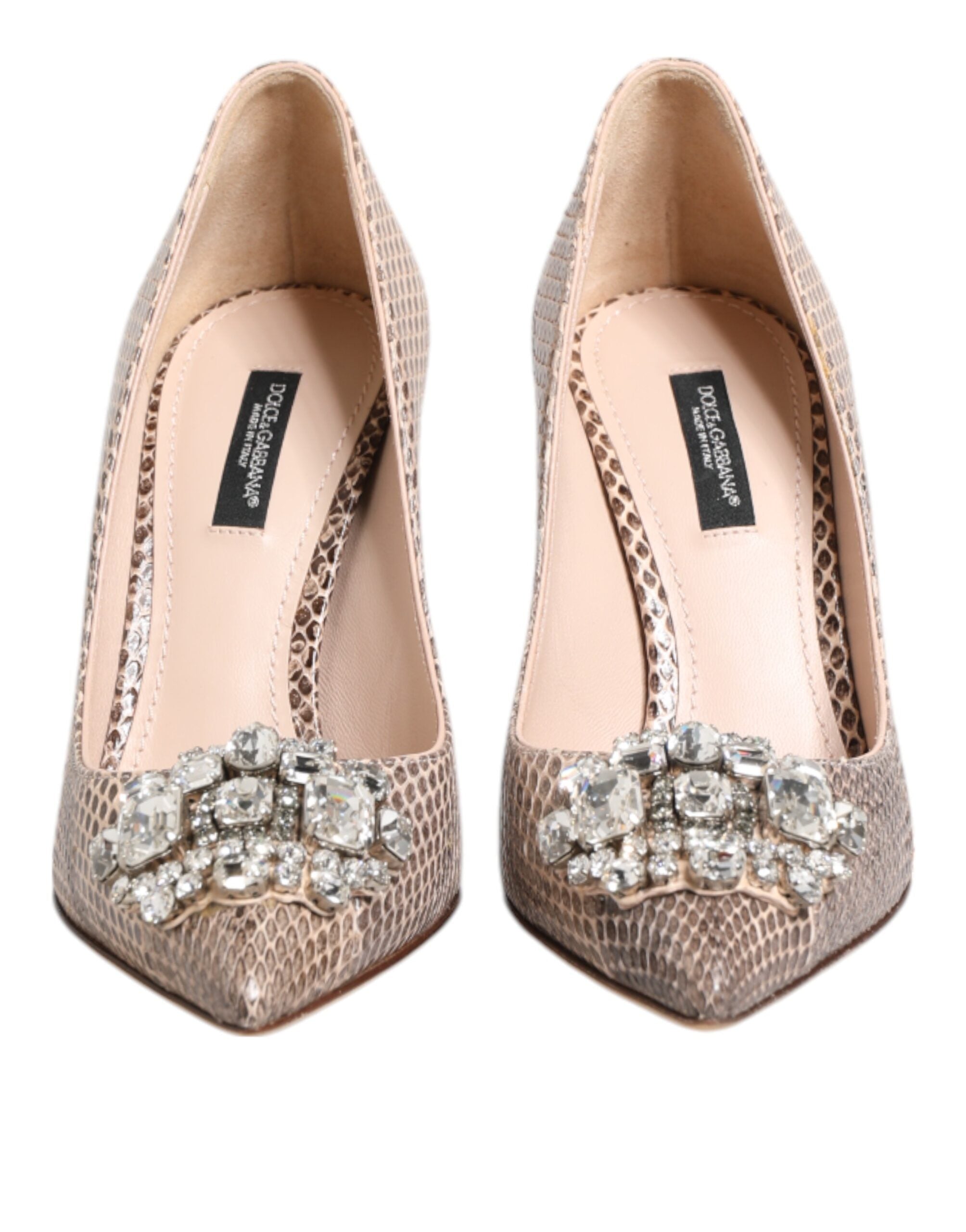 Chaussures Dolce & Gabbana beige en cuir avec cristaux embellis, talons élégants et design sophistiqué.