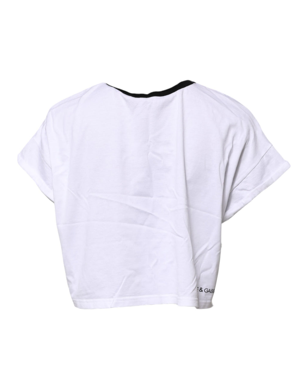 T-shirt cropée blanc en coton de Dolce & Gabbana avec col rond, style décontracté et élégant, visible dans l'image.
