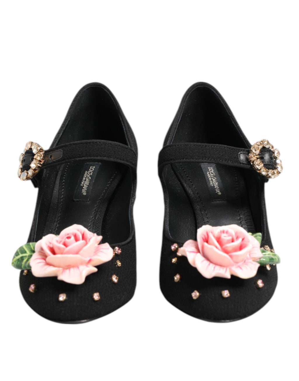 Chaussures Mary Jane noires Dolce & Gabbana ornées de fleurs en cristal et détails brillants, style élégant et sophistiqué.