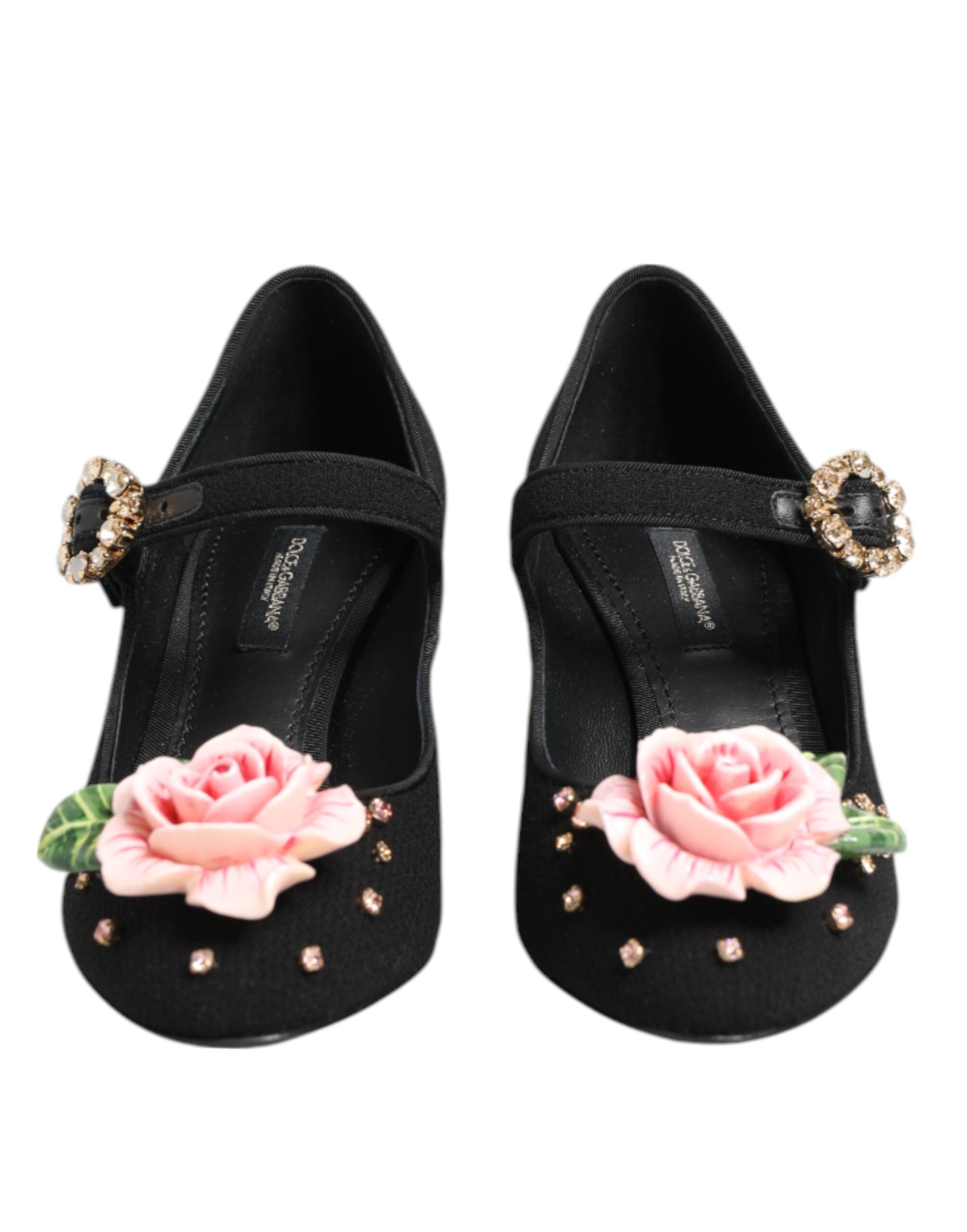 Chaussures Mary Jane noires Dolce & Gabbana ornées de fleurs en cristal et détails brillants, style élégant et sophistiqué.