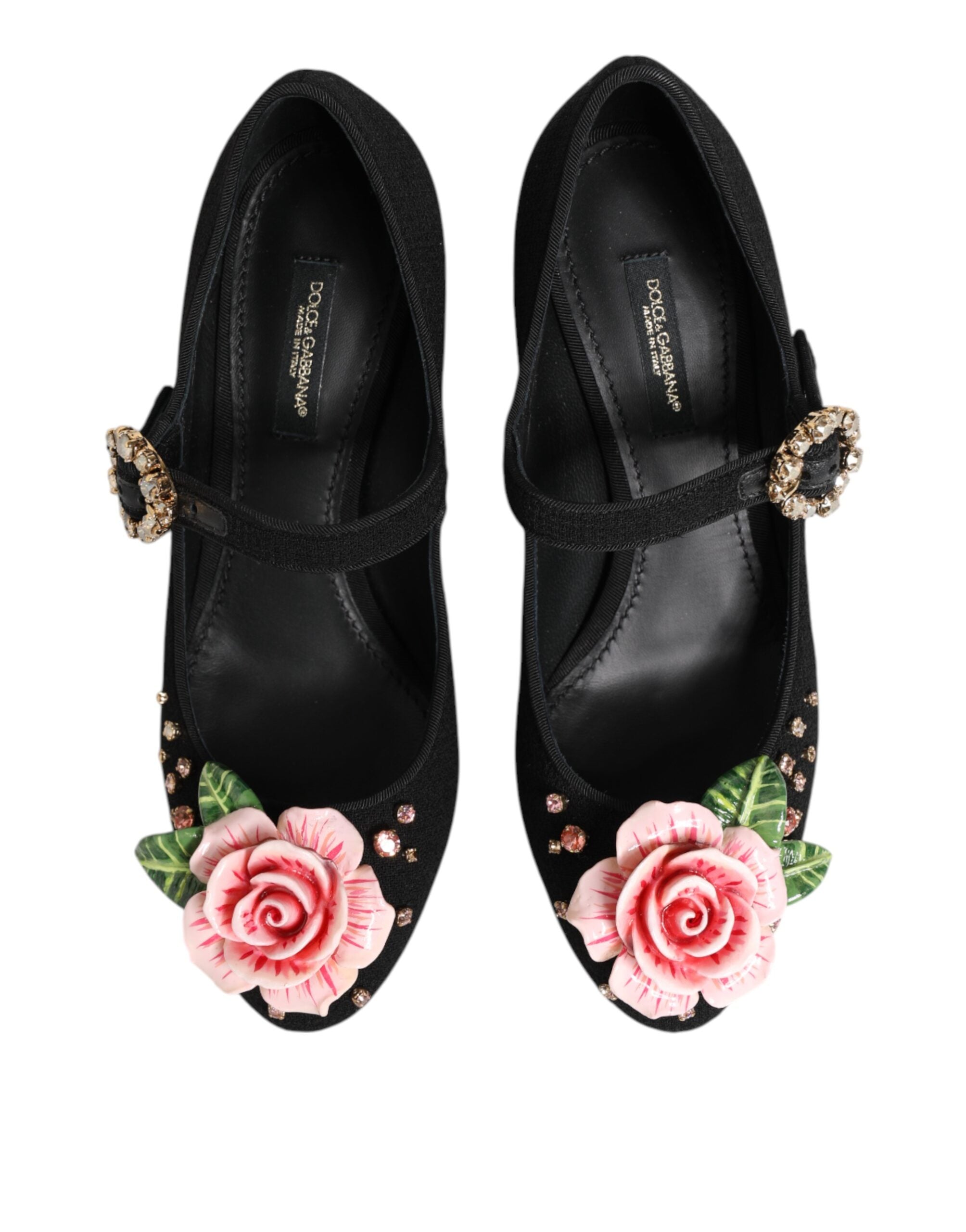 Chaussures Mary Jane noires Dolce & Gabbana avec fleurs en cristal et détails élégants.