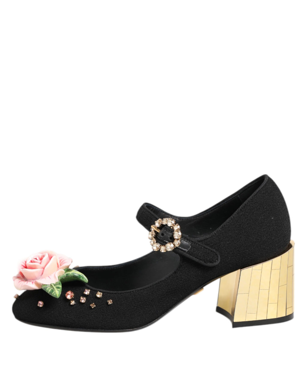 Chaussures Mary Jane noires Dolce & Gabbana avec fleurs en cristal et détails brillants, style élégant et féminin.