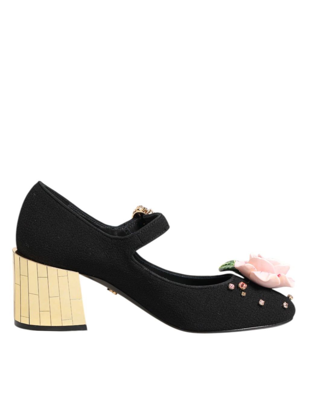 Chaussures Mary Jane noires Dolce & Gabbana avec fleurs en cristal et embellissements élégants, vue de face.