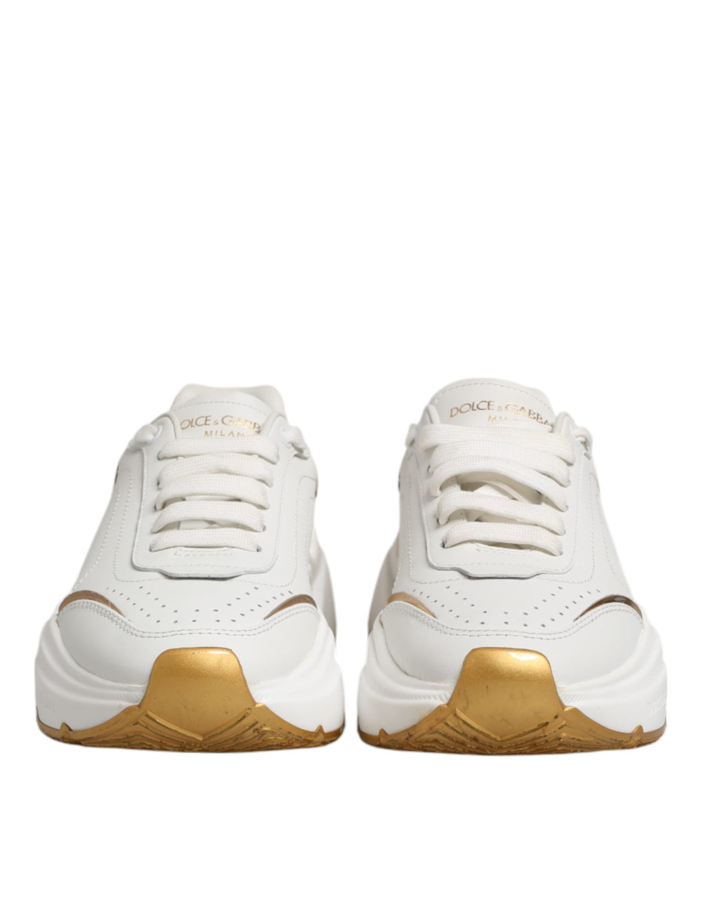 Chaussures sneakers Dolce & Gabbana DAYMASTER en cuir blanc et or, style élégant et moderne pour hommes.