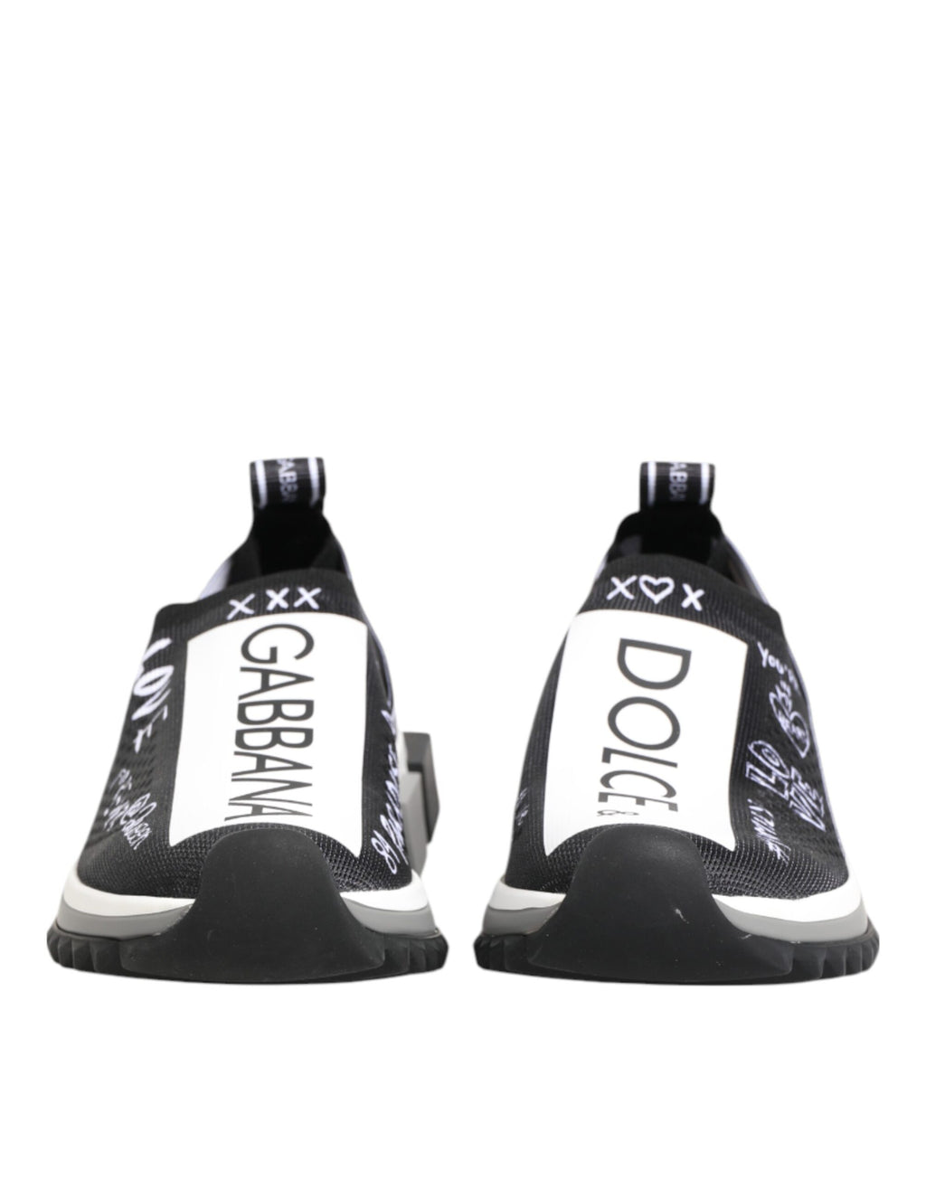 Chaussures sneakers basses Dolce & Gabbana Sorrento en noir et blanc, vue de face, détails du design et lacets visibles.