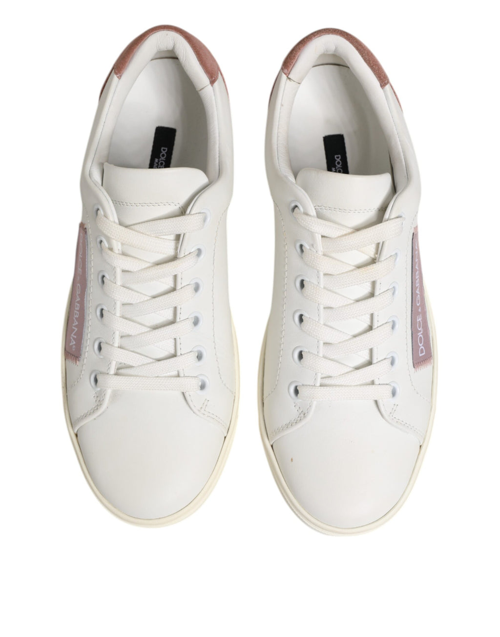 Chaussures sneakers basses en cuir blanc et rose Dolce & Gabbana, chaussures décontractées pour femme.