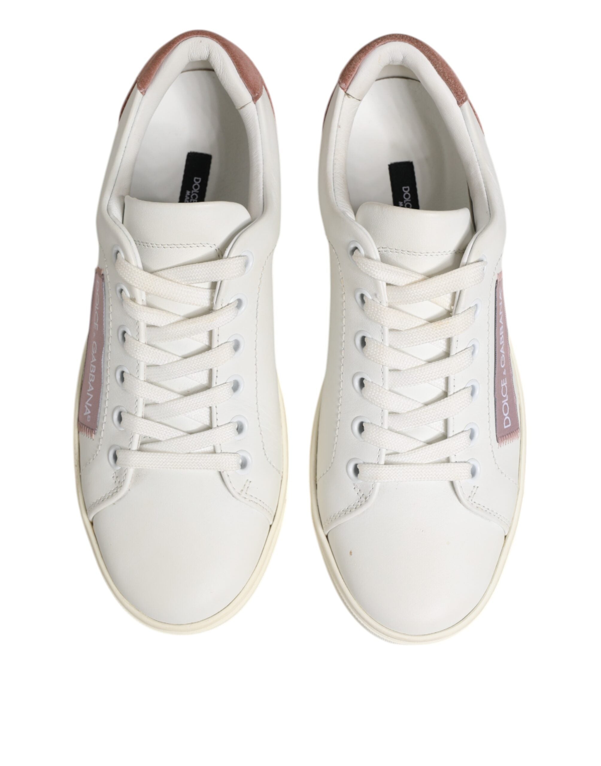 Chaussures sneakers basses en cuir blanc et rose Dolce & Gabbana, chaussures décontractées pour femme.