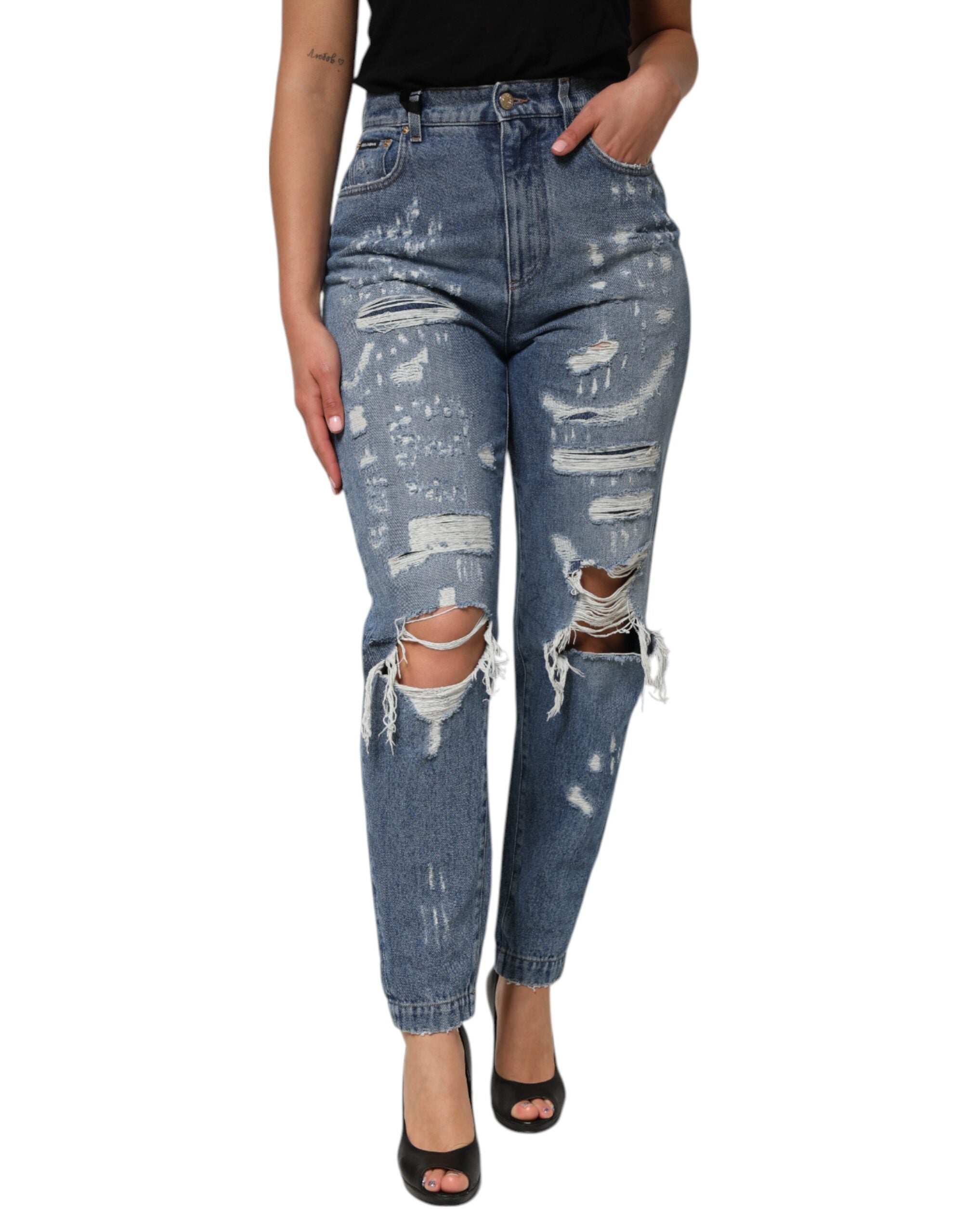 Jeans femme Dolce & Gabbana Blue à taille haute déchirée, en denim décontracté et tendance.