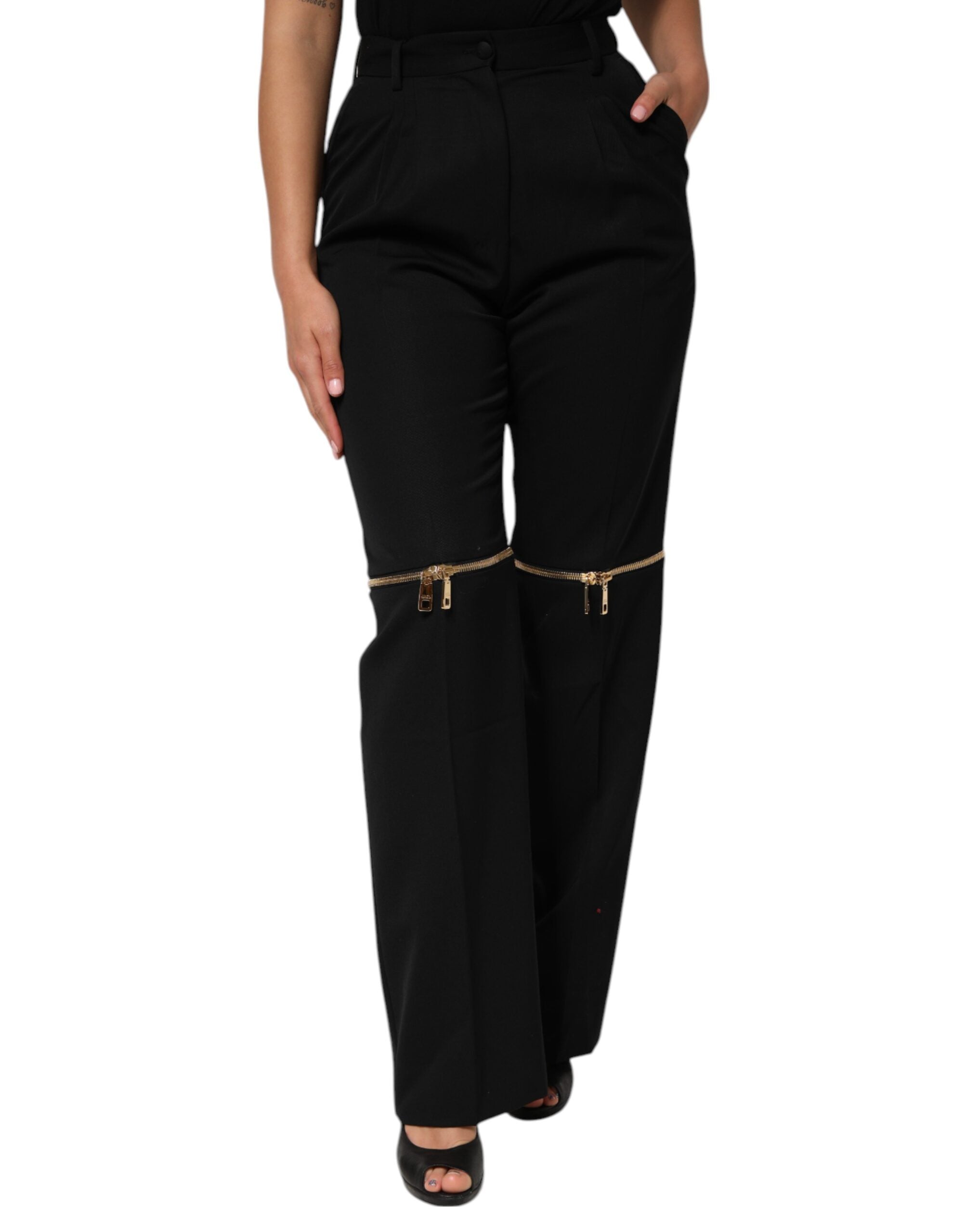Pantalon droit en laine noire Dolce & Gabbana avec détails de fermeture éclair, style élégant et moderne.
