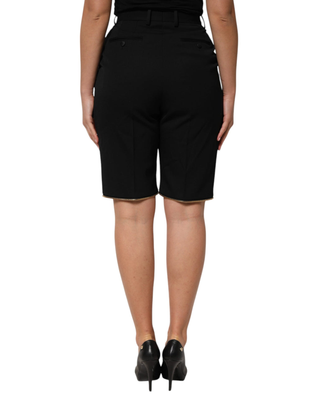 Pantalon en laine noire Dolce & Gabbana, à zip détaillé et coupe droite, visible en gros plan.