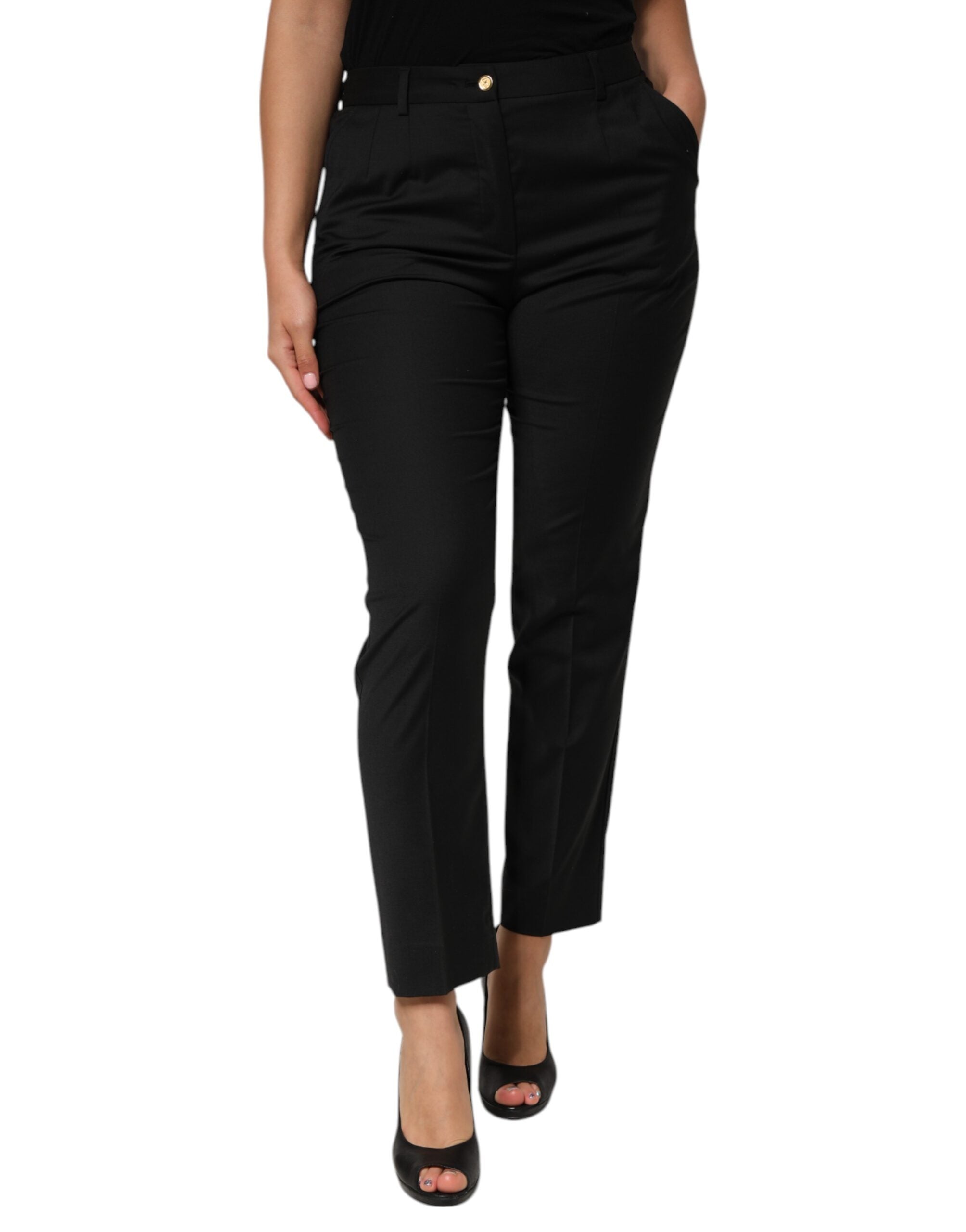 Pantalon femme noir en polyester Dolce & Gabbana, coupe tapered, style élégant et moderne.
