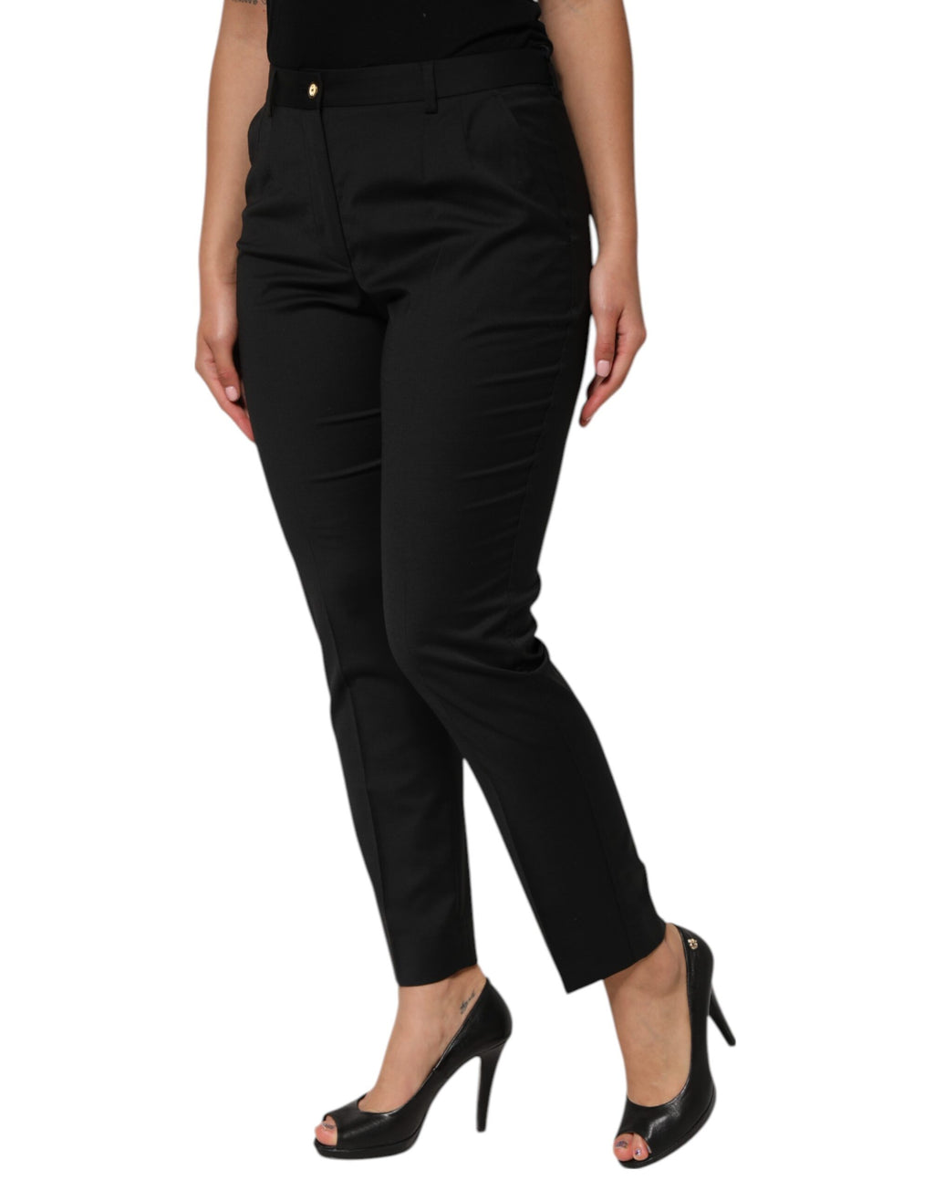 Pantalon tapered noir pour femmes en polyester de Dolce & Gabbana, coupe élégante et moderne.