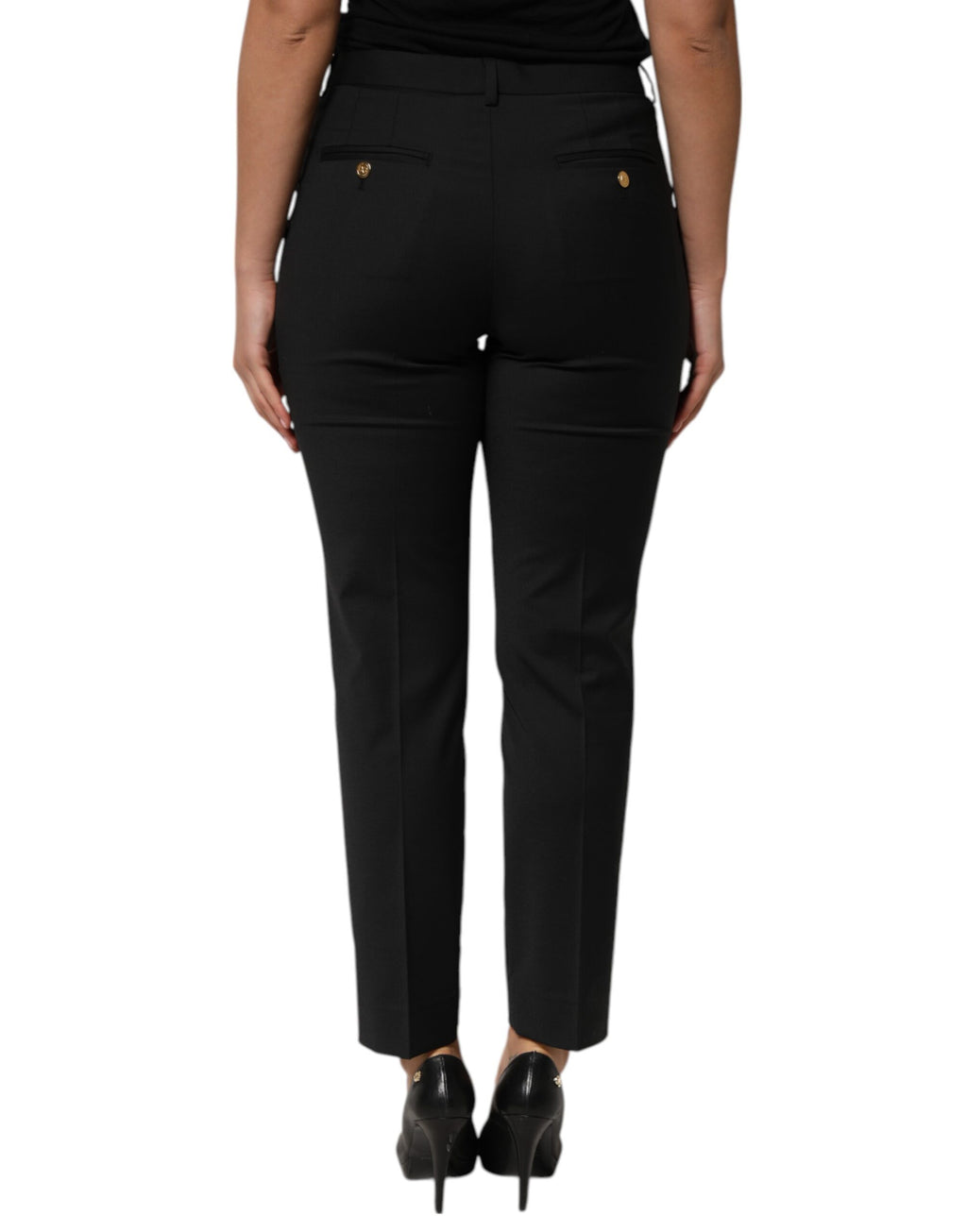 Pantalon femme Dolce & Gabbana en polyester noir, coupe tapered, style élégant et tendance, visible avec poches et taille ajustée.