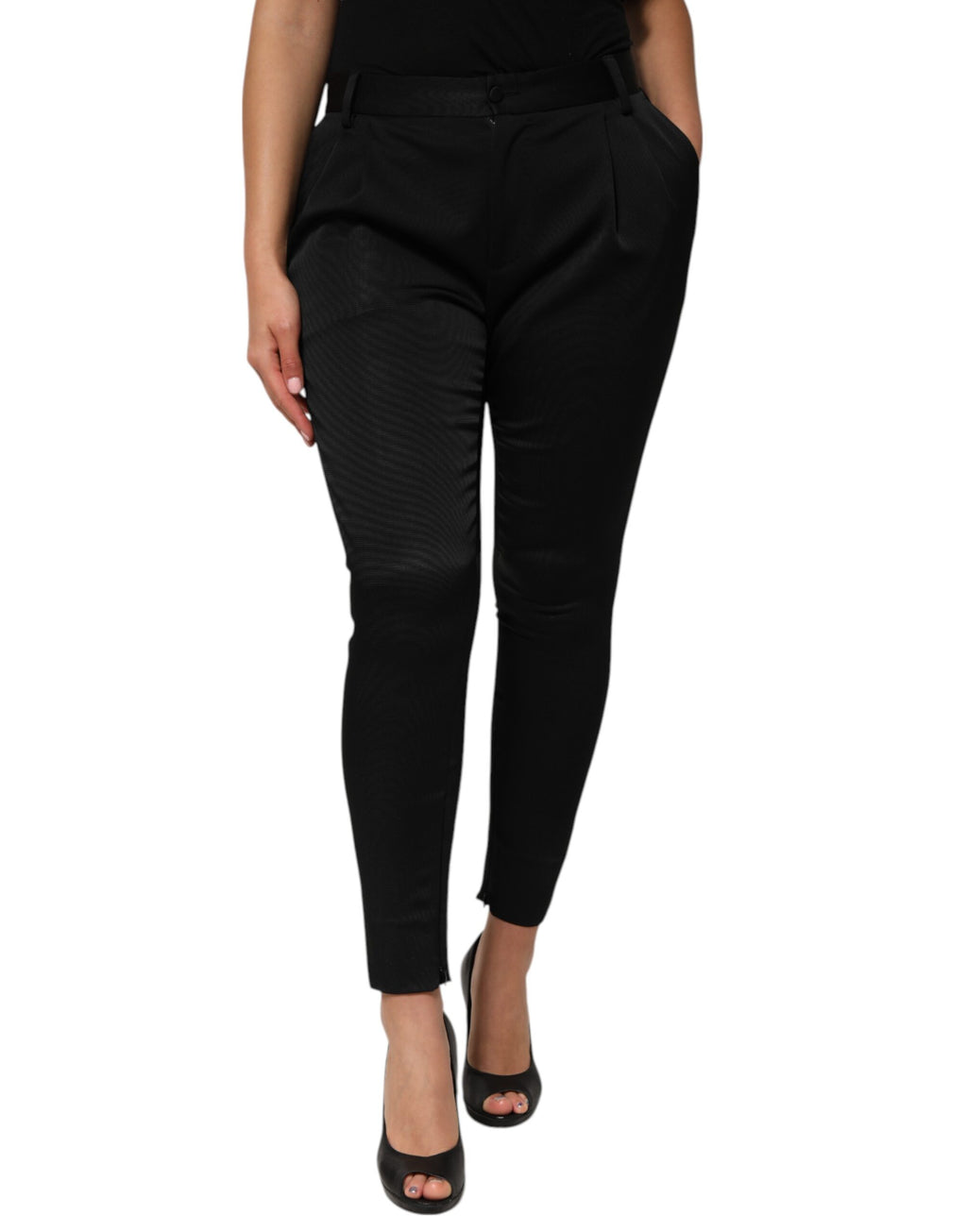 Pantalon femme Dolce & Gabbana en acétate noir à taille haute et coupe tapered, vue de face.