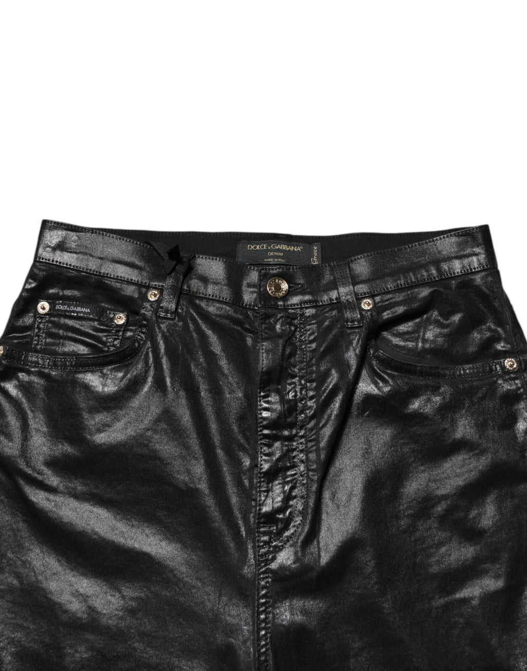 Jeans skinny taille haute noir Dolce & Gabbana GRACE en denim, ajustés et tendance, visibles en gros plan.