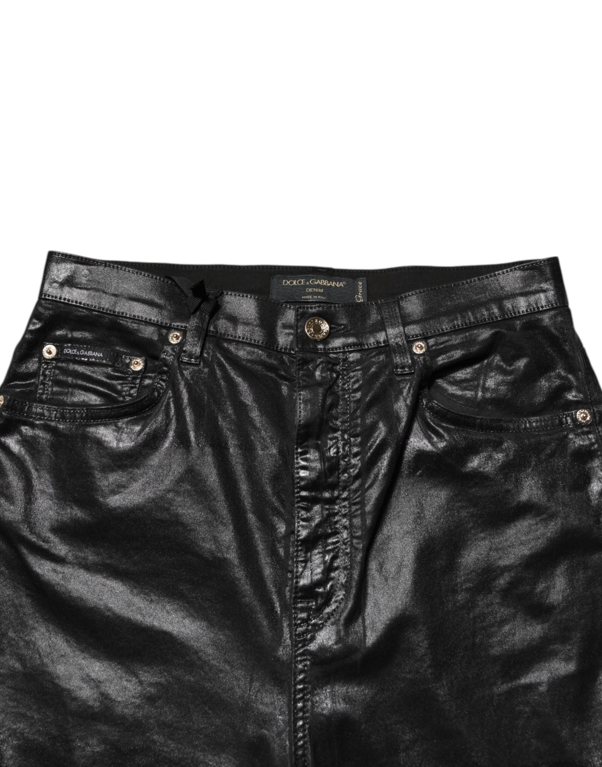 Jeans skinny taille haute noir Dolce & Gabbana GRACE en denim, ajustés et tendance, visibles en gros plan.