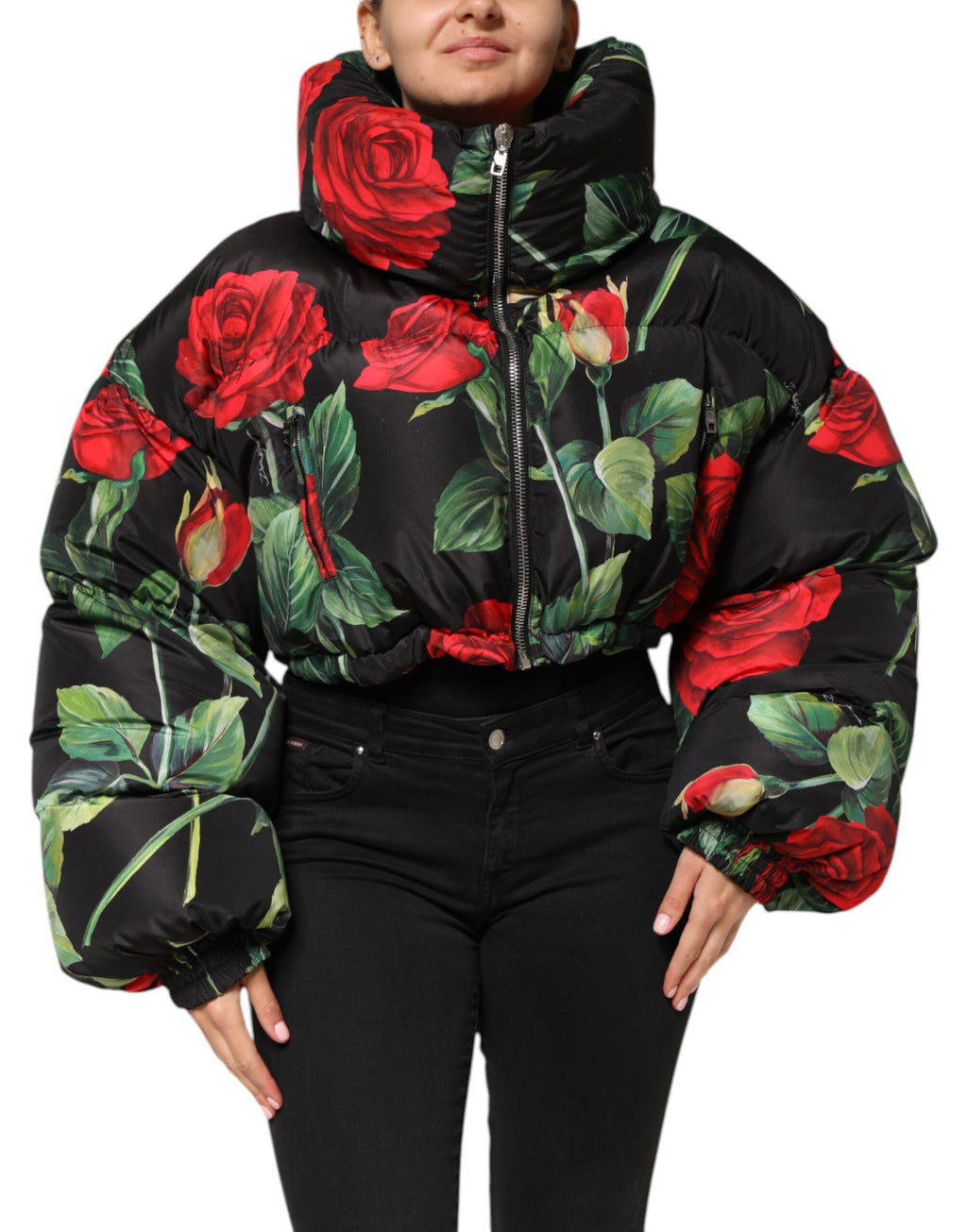Manteau matelassé Dolce & Gabbana multicolore avec motifs floraux et fermeture éclair complète.