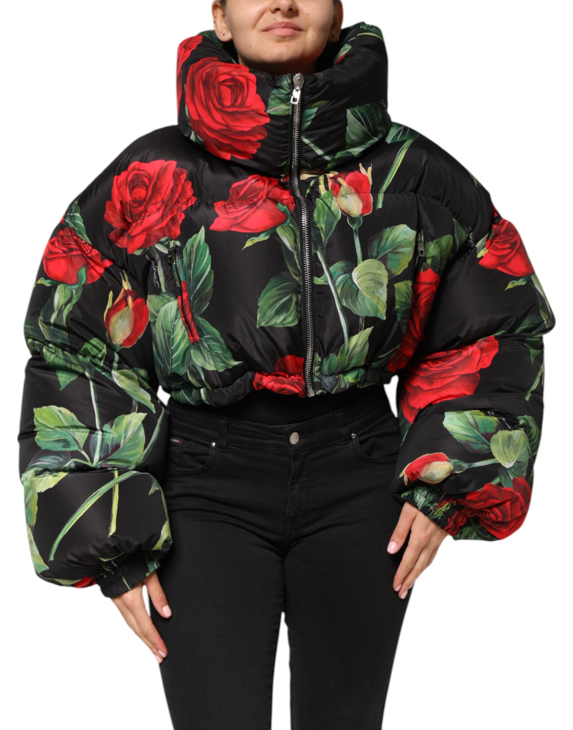 Manteau matelassé Dolce & Gabbana multicolore avec motifs floraux et fermeture éclair complète.