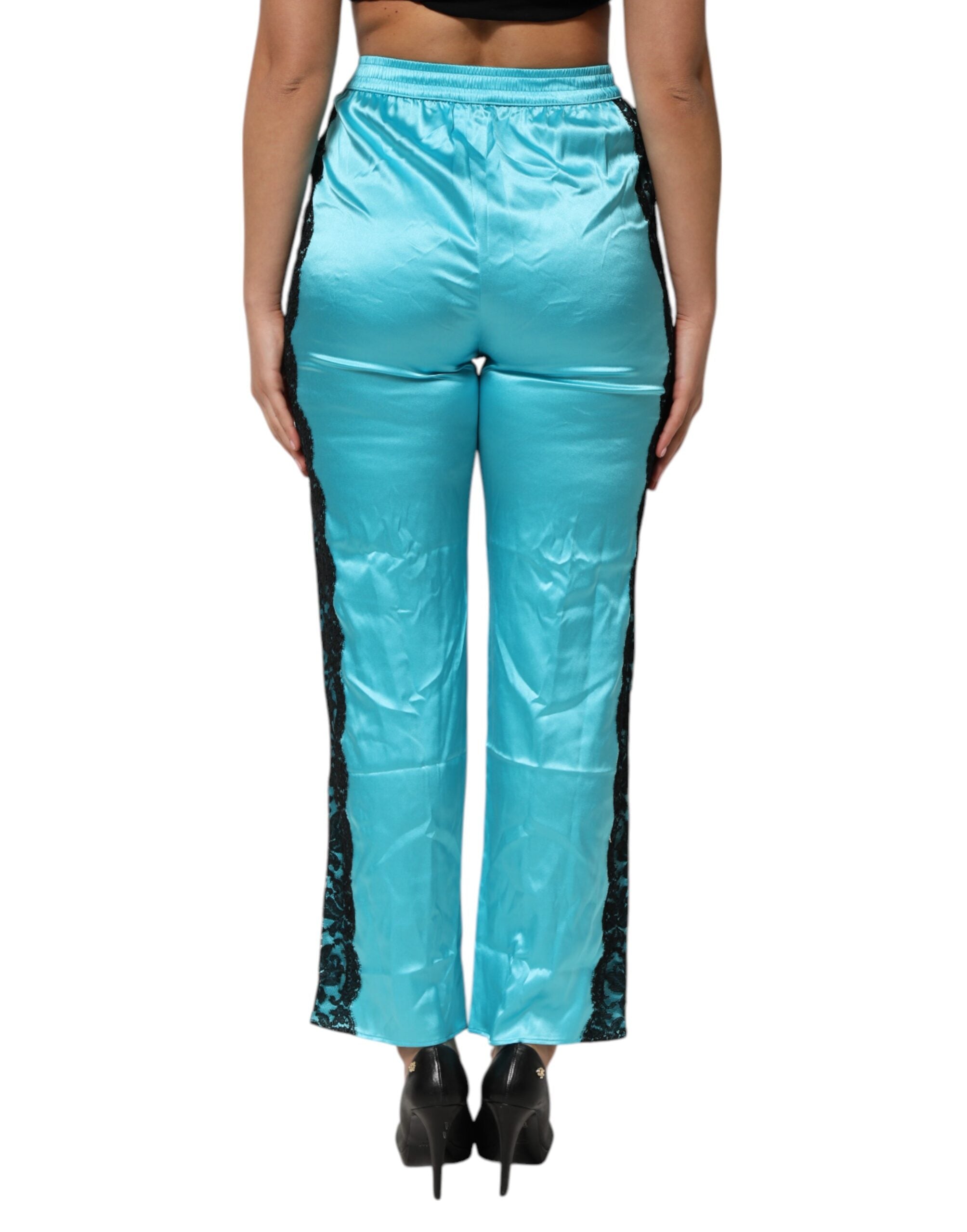Pantalon de pyjama femme Dolce & Gabbana en soie bleue, droit, avec bande élastique, élégant et confortable.