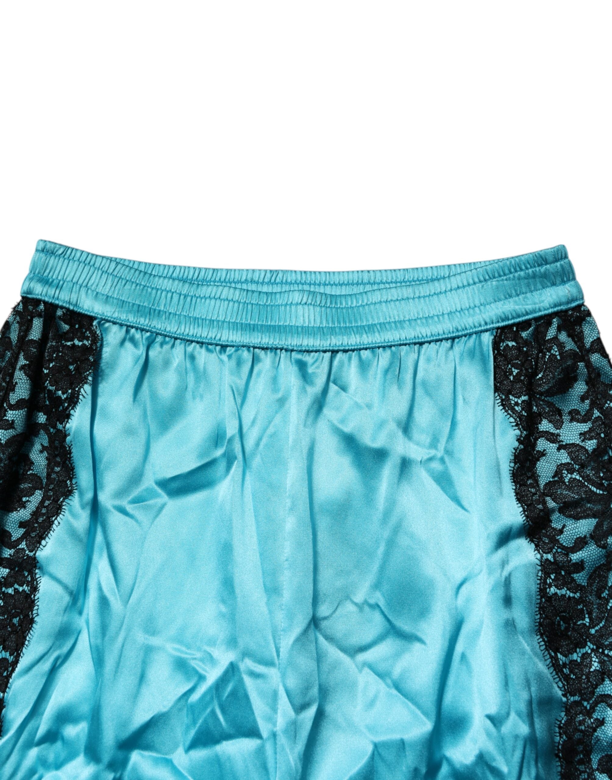 Pantalon de pyjama femme Dolce & Gabbana en soie bleue, droit, à ceinture élastique, confortable et élégant.