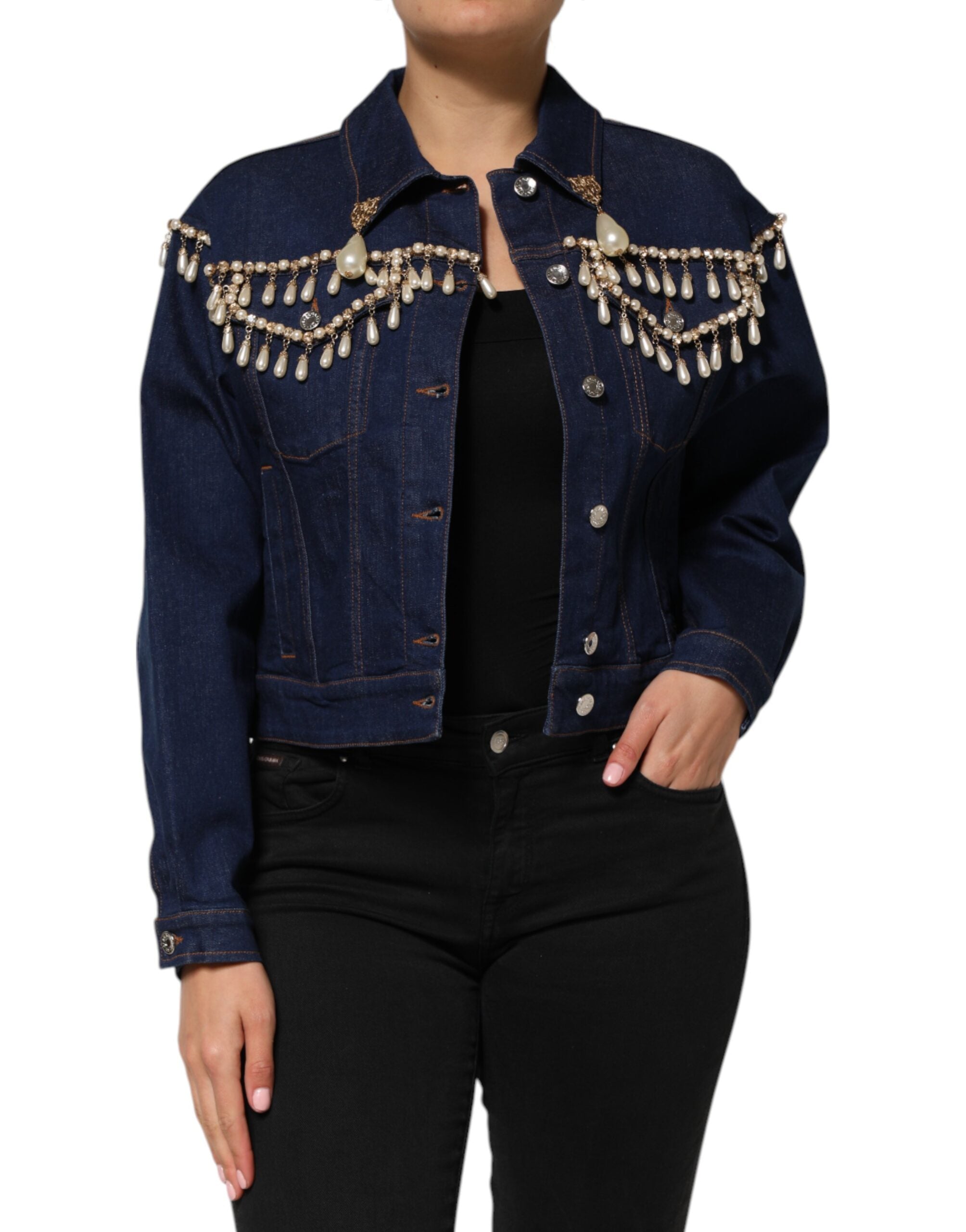 Veste en denim en coton bleu Dolce & Gabbana avec embellissements en cristaux, style élégant et luxueux.