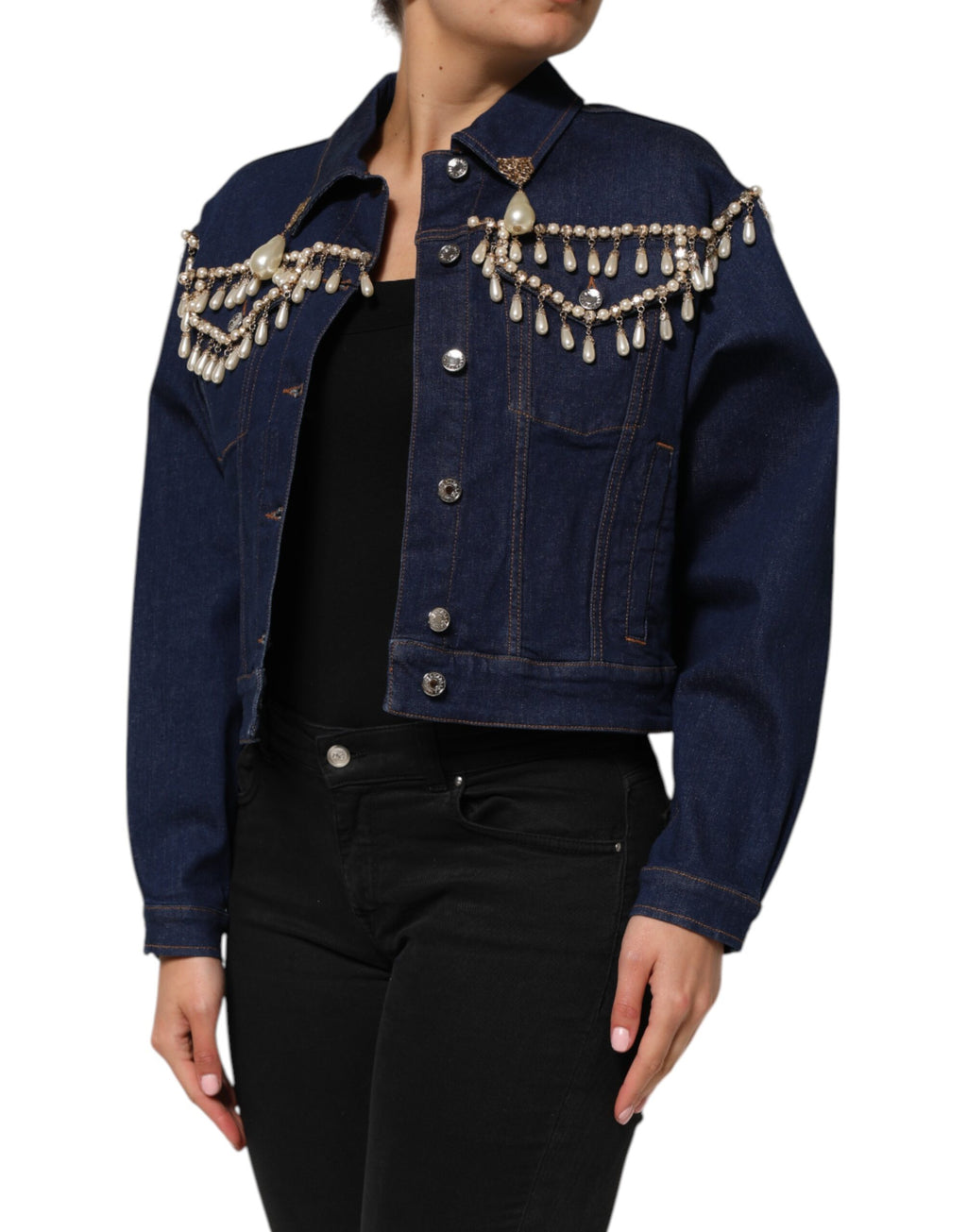 Veste en denim coton bleu Dolce & Gabbana avec embellissements en cristal, mode élégante et sophistiquée.